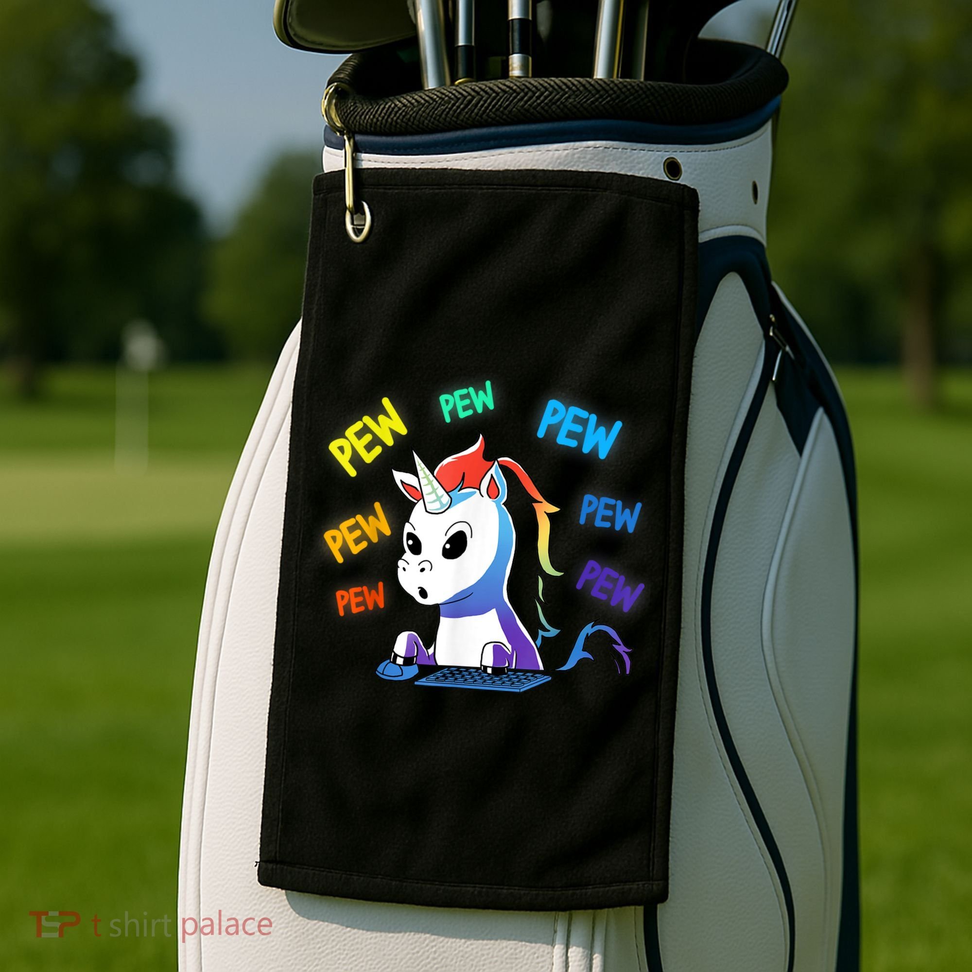 Funny Cute Video Gaming Rainbow Unicorn Pew Pew Golf Towel