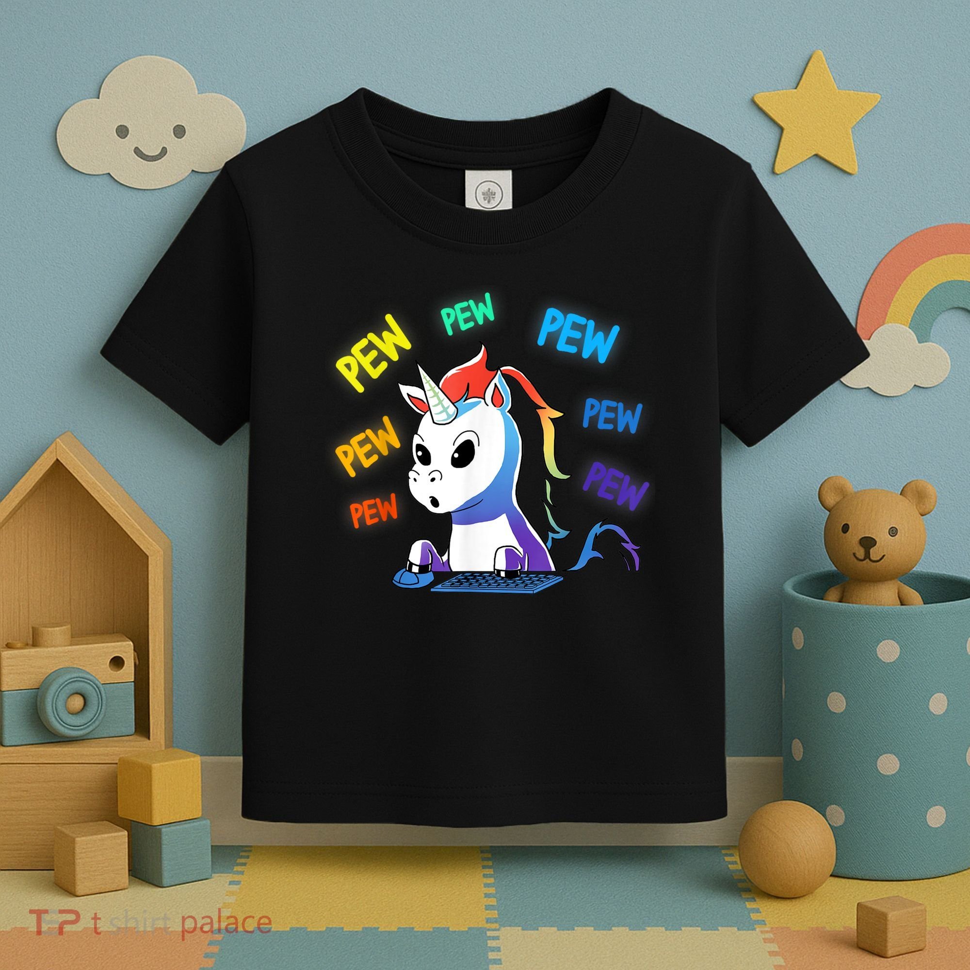 Funny Cute Video Gaming Rainbow Unicorn Pew Pew Toddler T-Shirt
