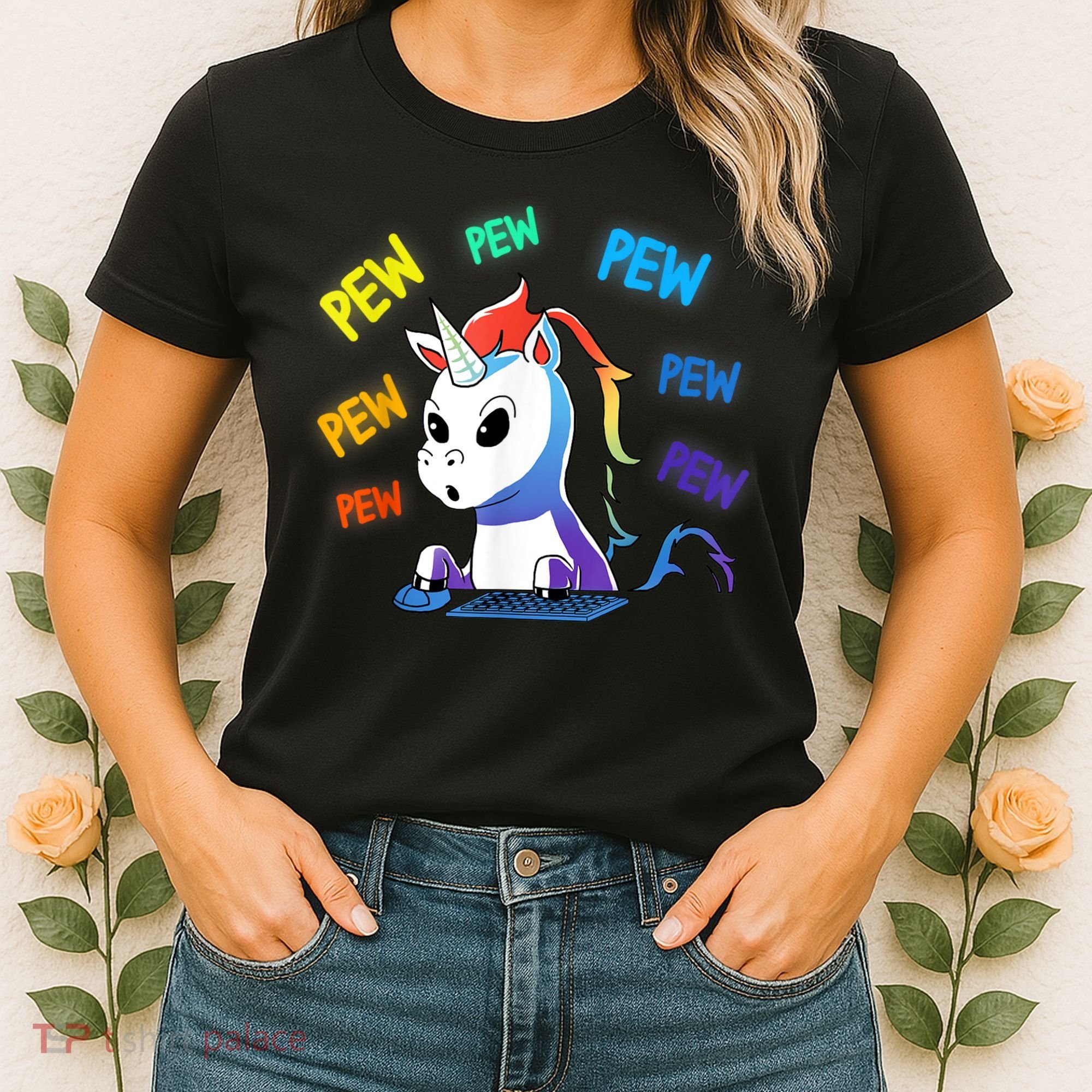 Funny Cute Video Gaming Rainbow Unicorn Pew Pew Women's T-Shirt