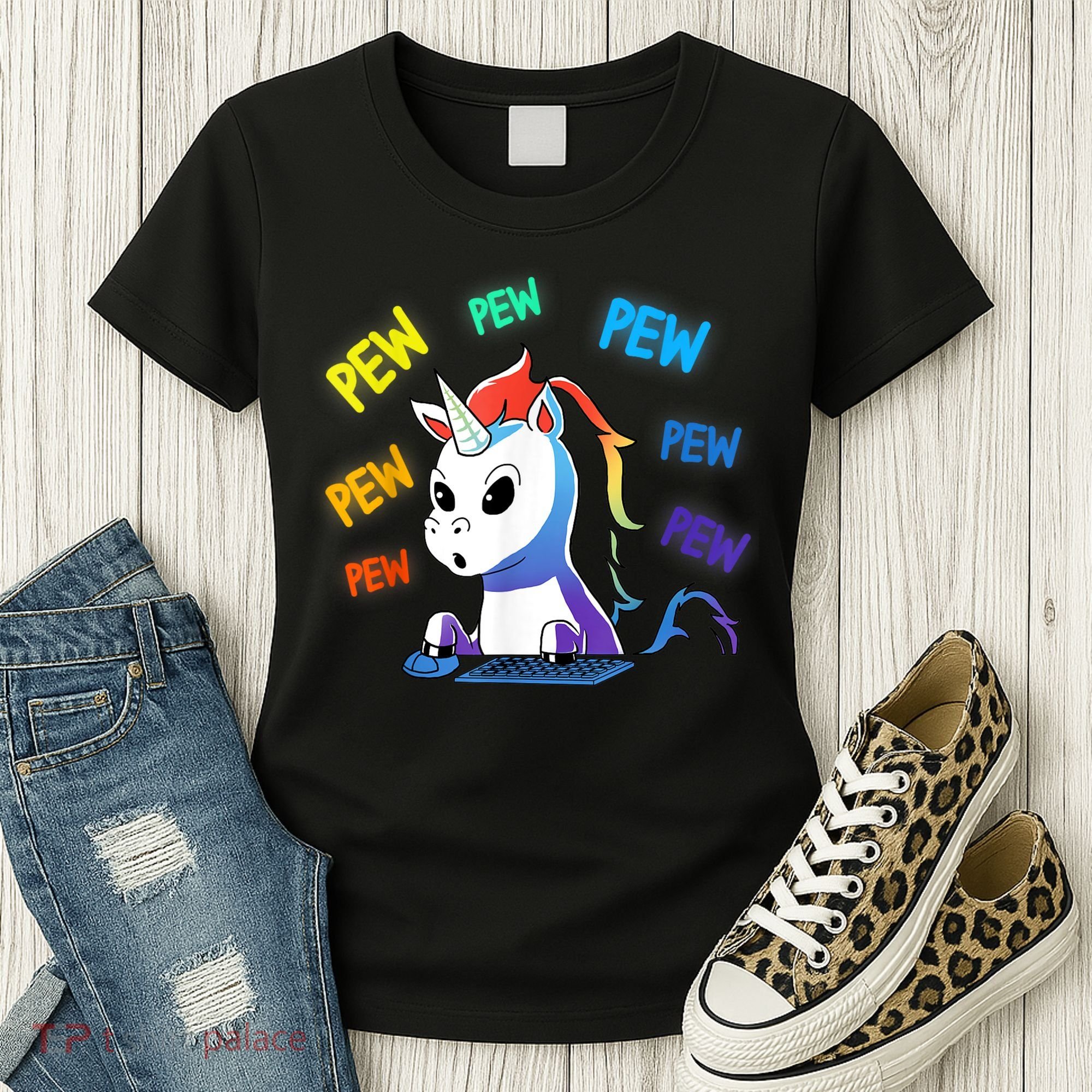 Funny Cute Video Gaming Rainbow Unicorn Pew Pew Women's T-Shirt