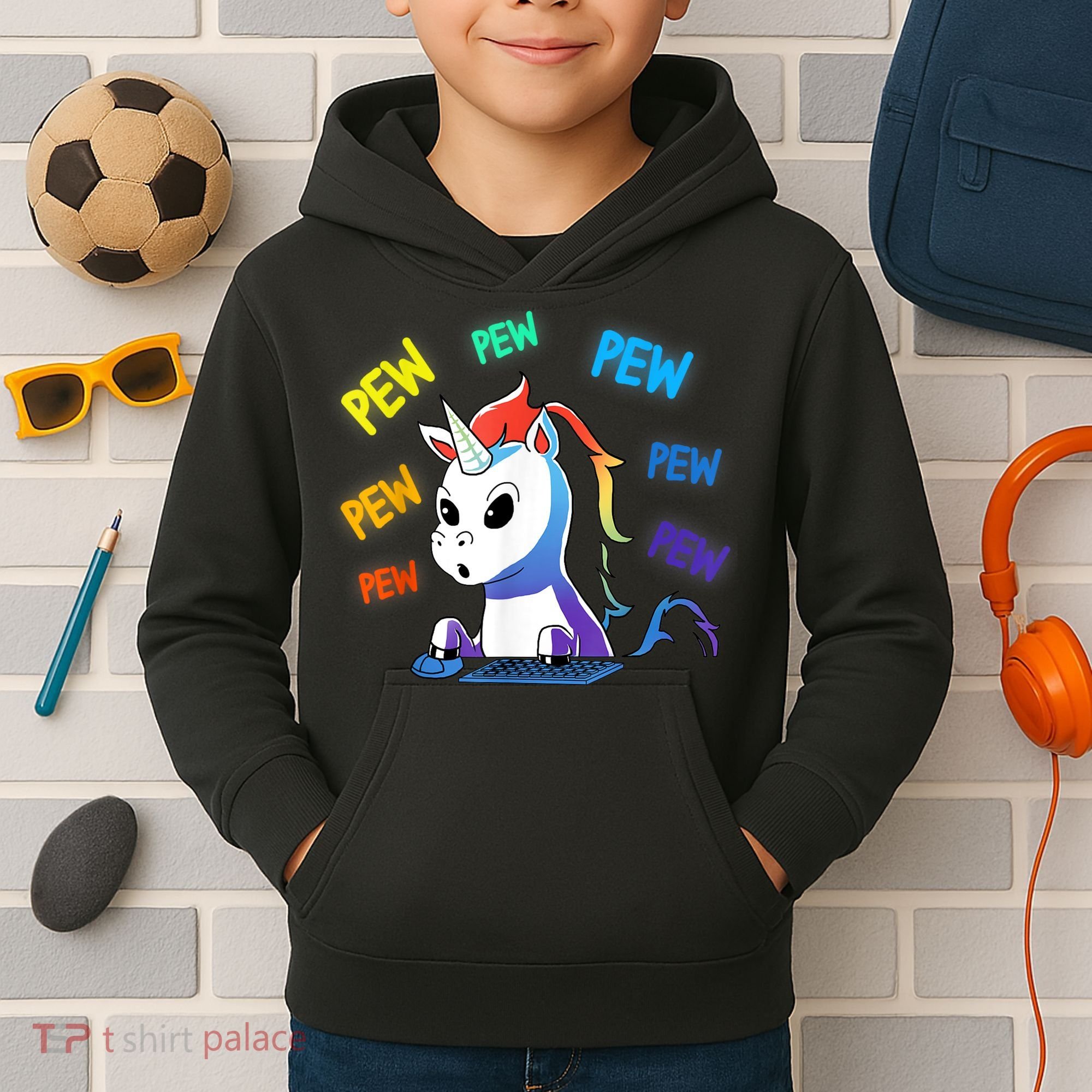 Funny Cute Video Gaming Rainbow Unicorn Pew Pew Kids Hoodie