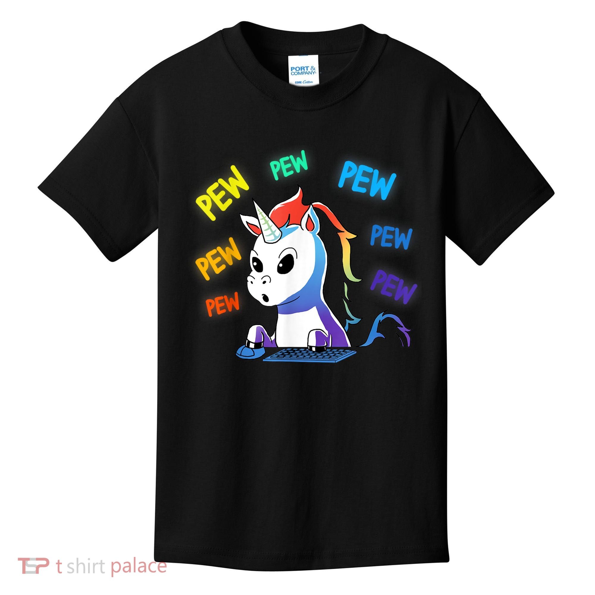 Funny Cute Video Gaming Rainbow Unicorn Pew Pew Kids T-Shirt