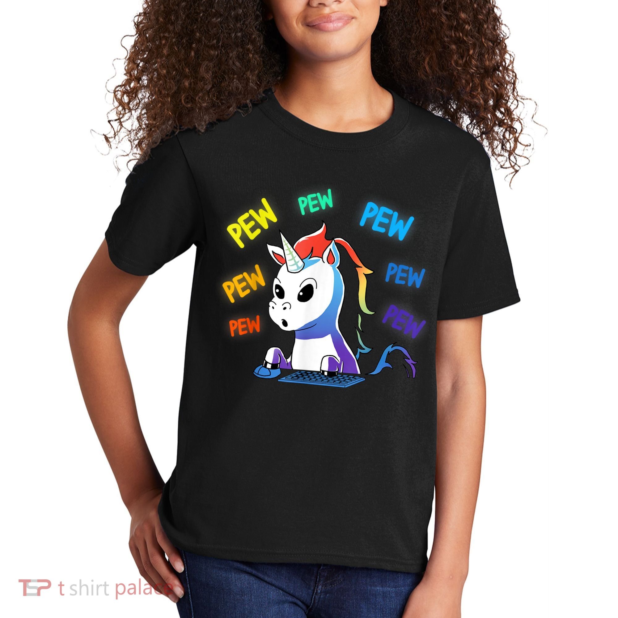 Funny Cute Video Gaming Rainbow Unicorn Pew Pew Kids T-Shirt