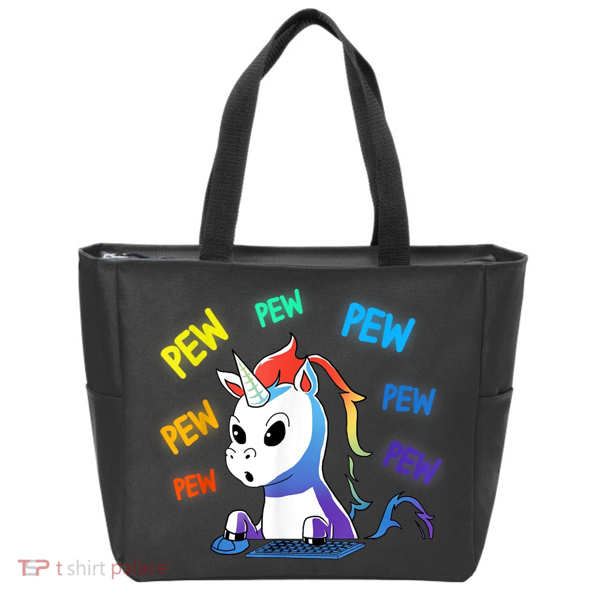 Funny Cute Video Gaming Rainbow Unicorn Pew Pew Tote Bag