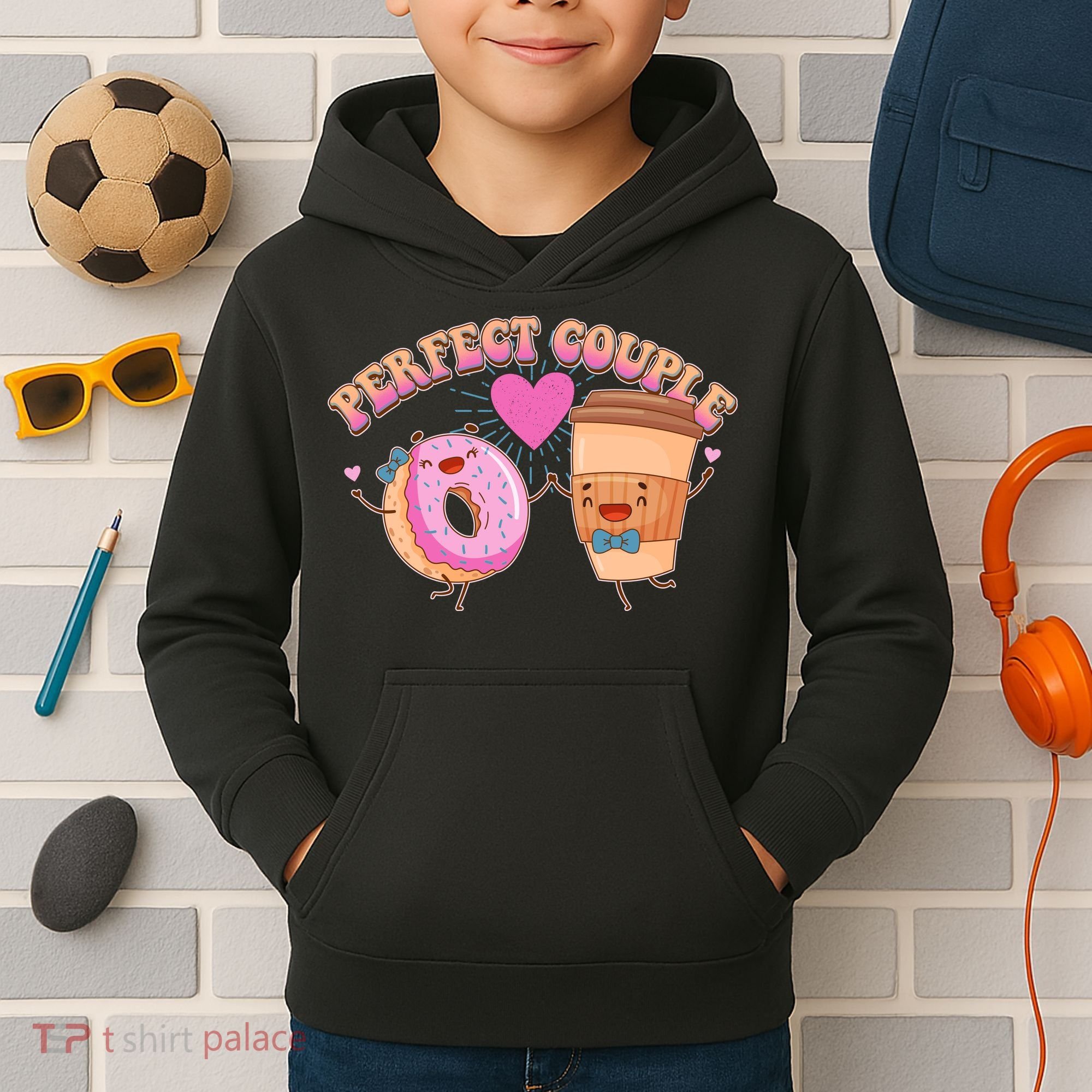Funny Cute Valentines Day Perfect Couple Donut And Coffee Kids Hoodie