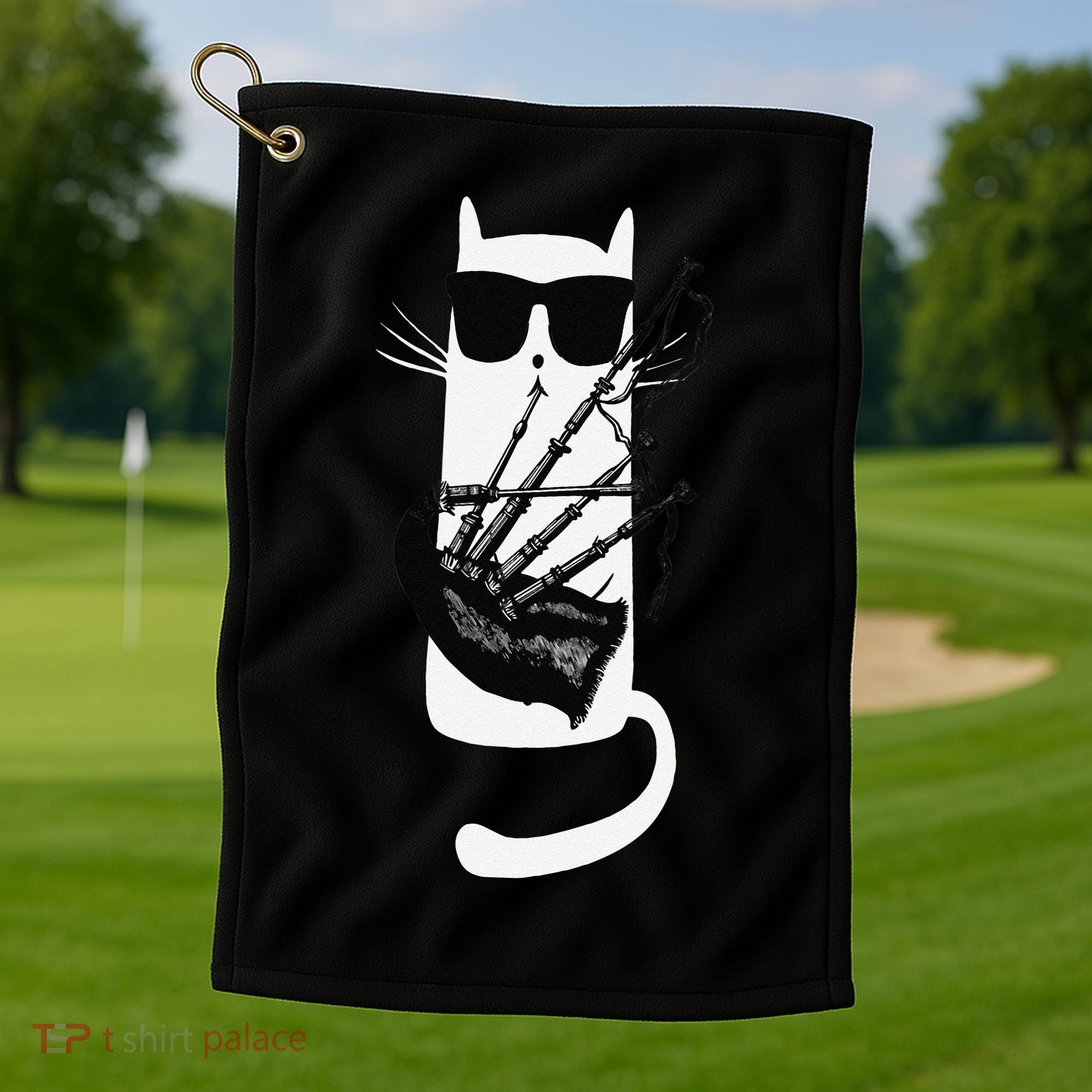 Funny Cat Wearing Sunglasses Playing Bagpipes Golf Towel