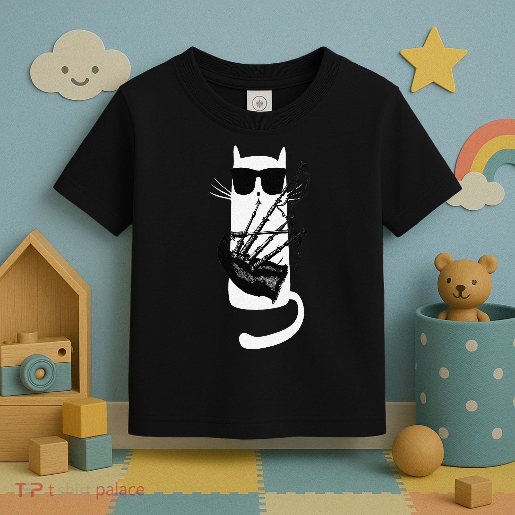 Funny Cat Wearing Sunglasses Playing Bagpipes Toddler T-Shirt