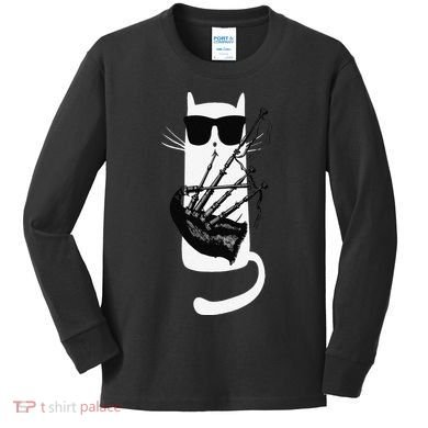 Funny Cat Wearing Sunglasses Playing Bagpipes Kids Long Sleeve Shirt