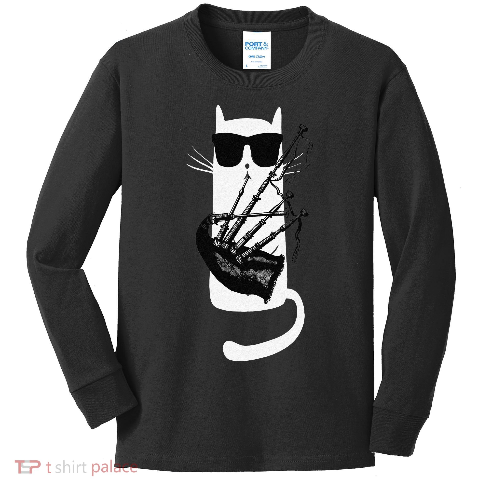Funny Cat Wearing Sunglasses Playing Bagpipes Kids Long Sleeve Shirt
