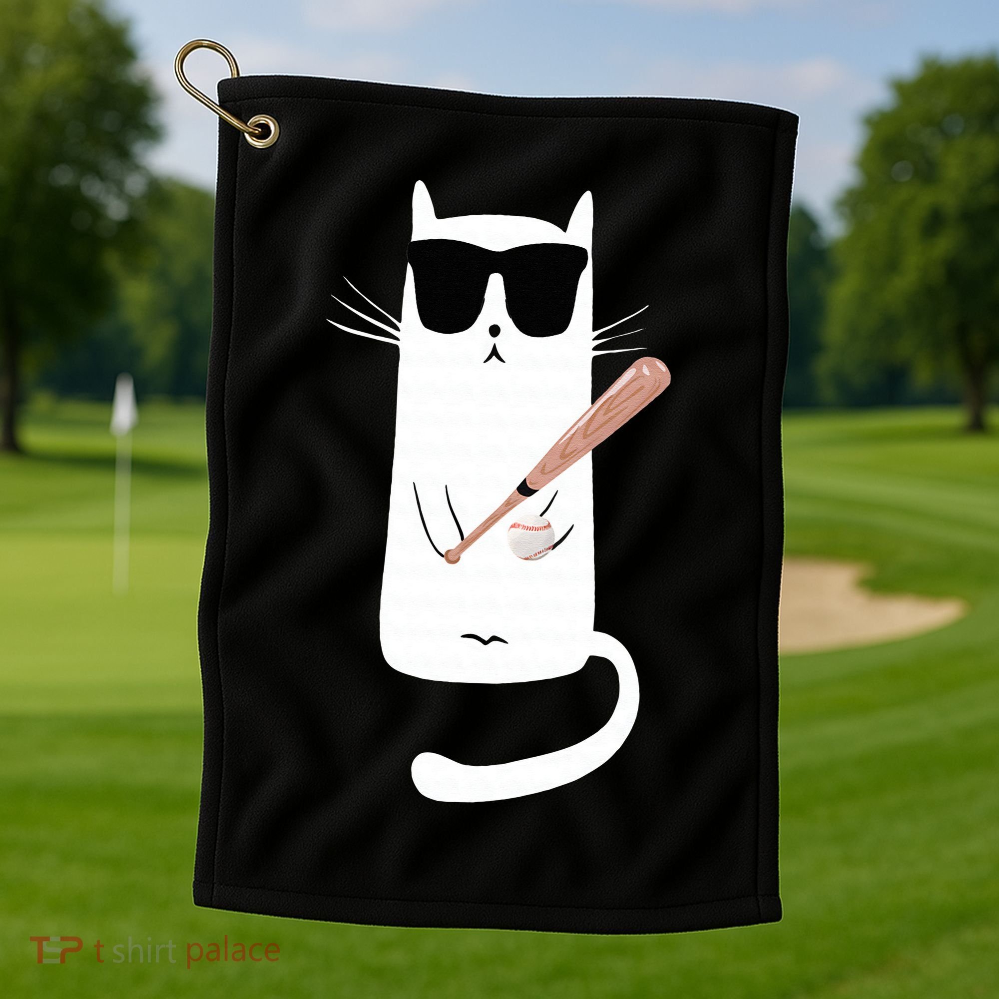 Funny Cat Wearing Sunglasses Playing Baseball Golf Towel