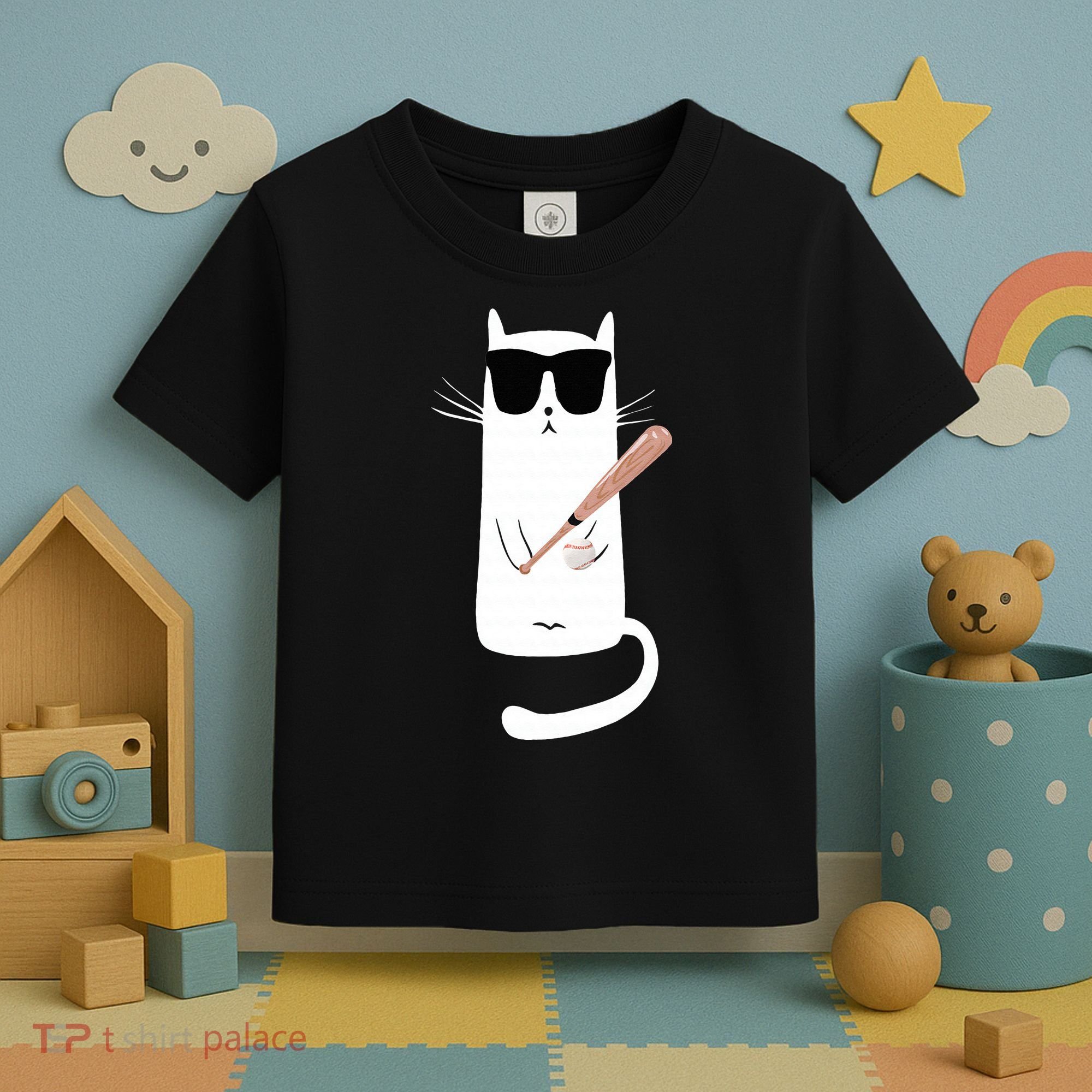 Funny Cat Wearing Sunglasses Playing Baseball Toddler T-Shirt