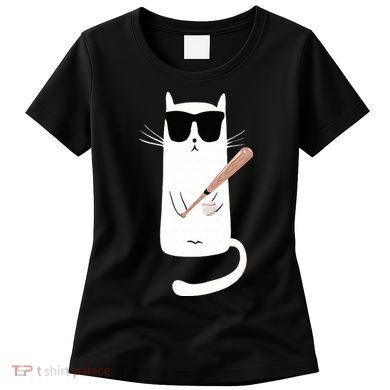 Funny Cat Wearing Sunglasses Playing Baseball Women's T-Shirt