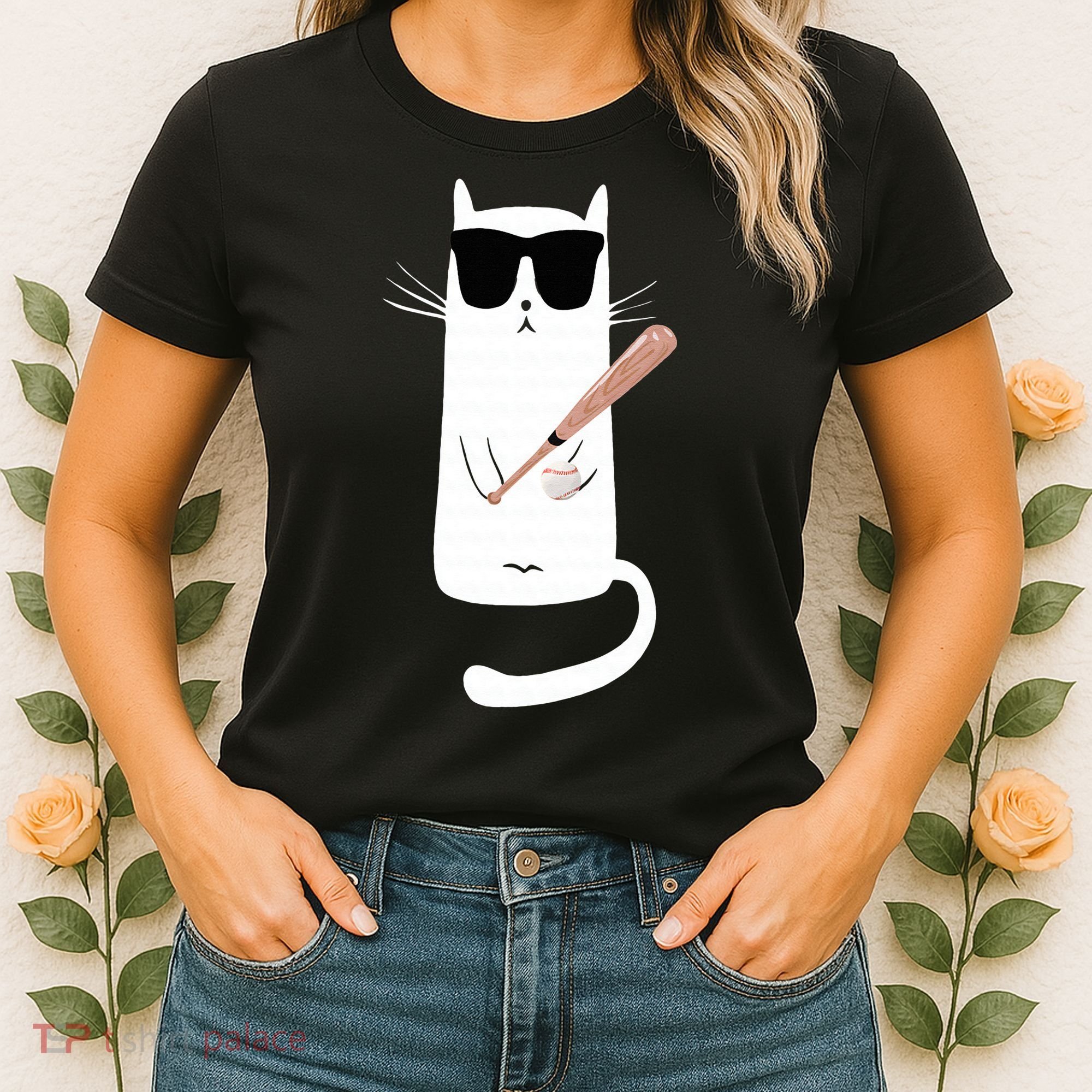 Funny Cat Wearing Sunglasses Playing Baseball Women's T-Shirt