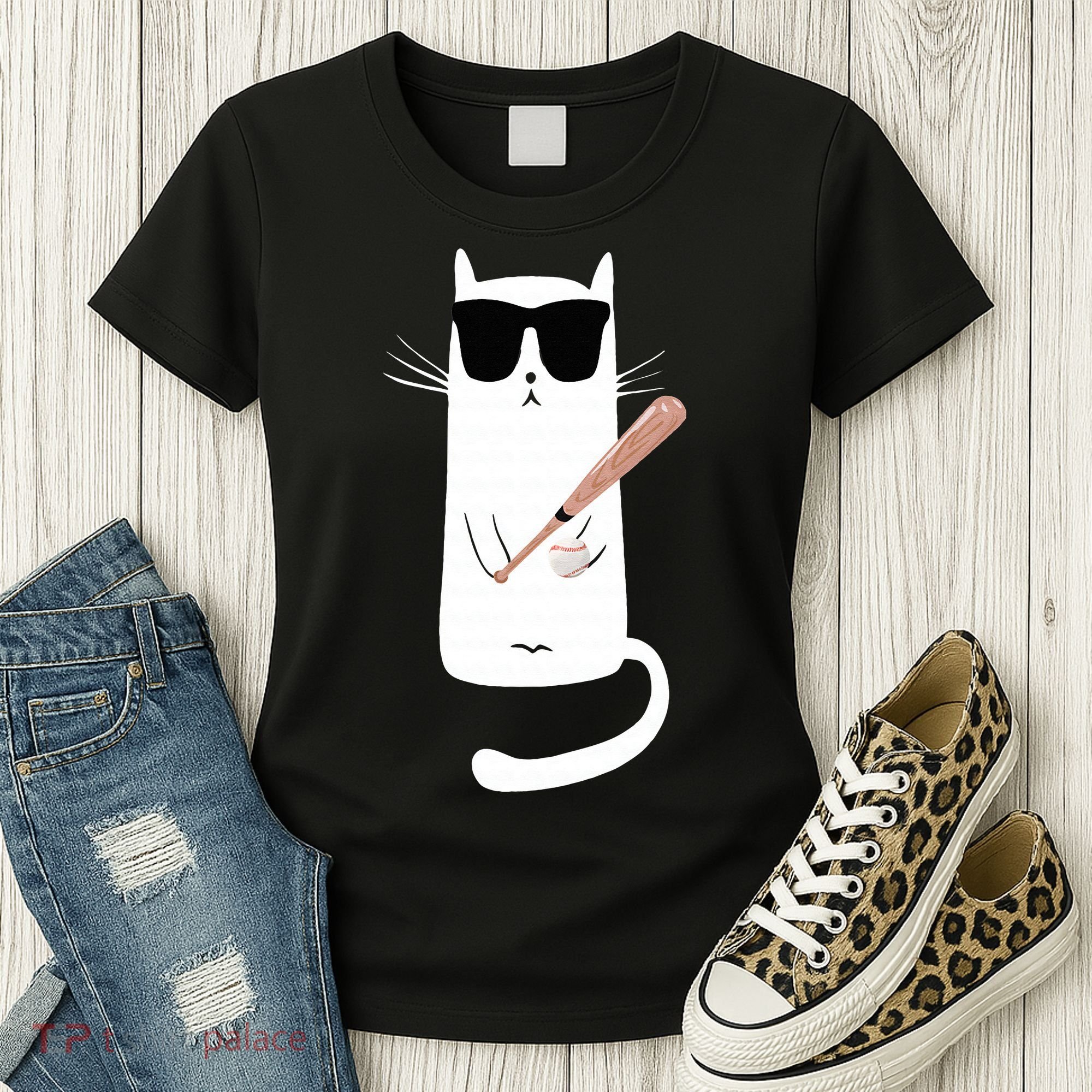 Funny Cat Wearing Sunglasses Playing Baseball Women's T-Shirt