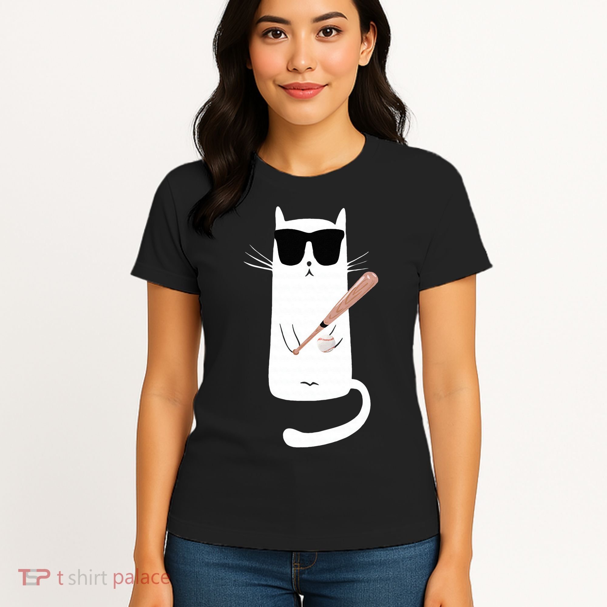 Funny Cat Wearing Sunglasses Playing Baseball Women's T-Shirt