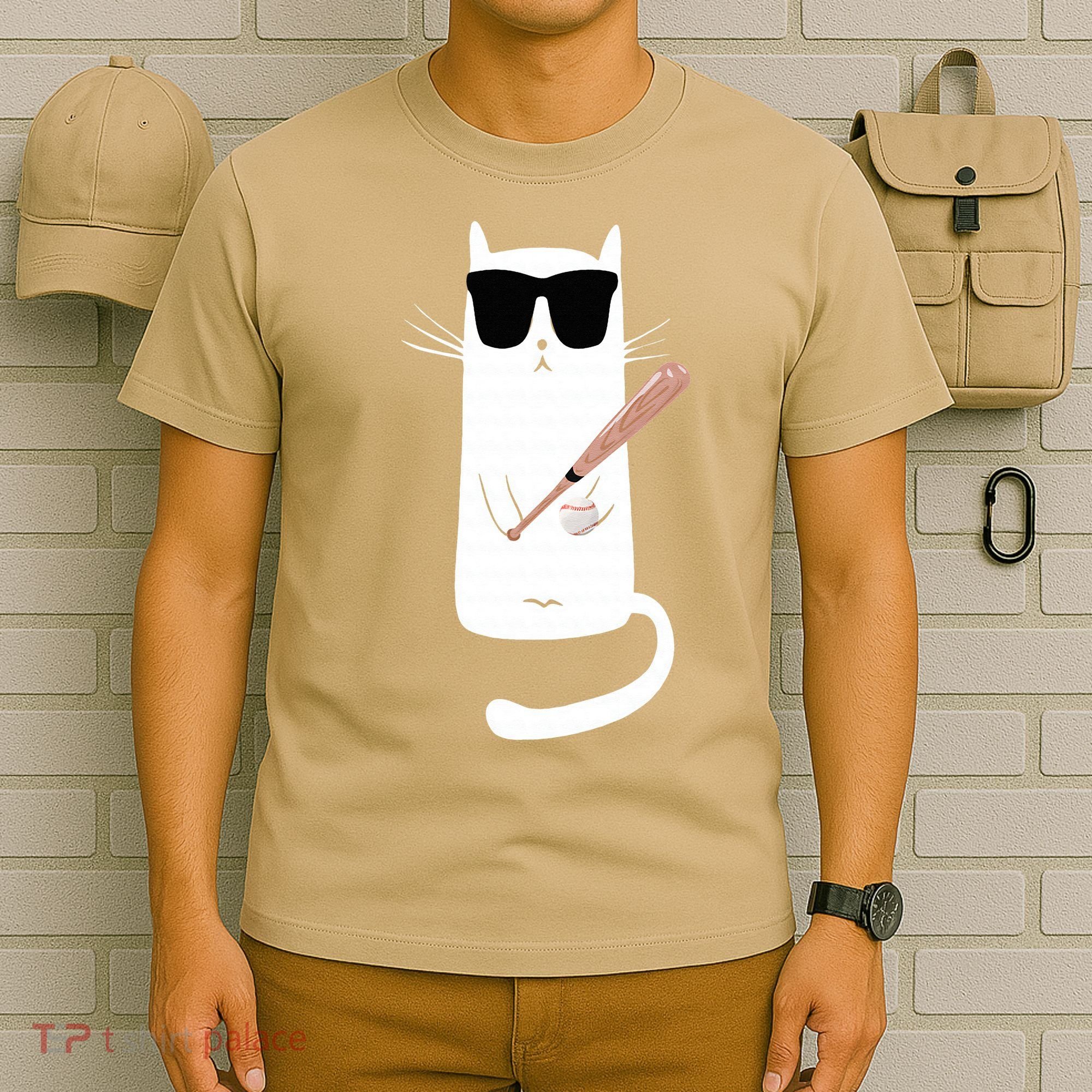 Funny Cat Wearing Sunglasses Playing Baseball T-Shirt
