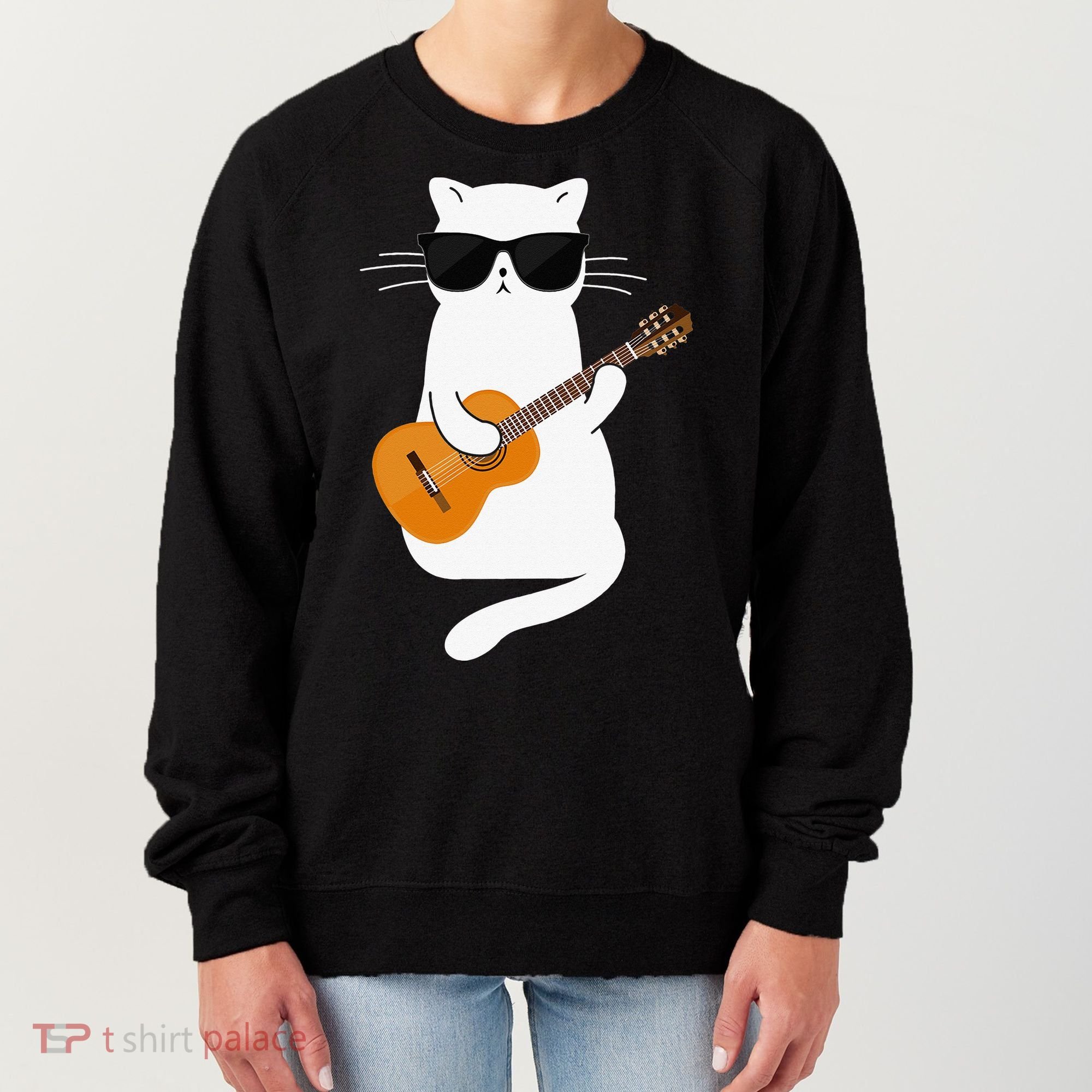 Funny Cat Wearing Sunglasses Playing Electric Guitar Women's Sweatshirt