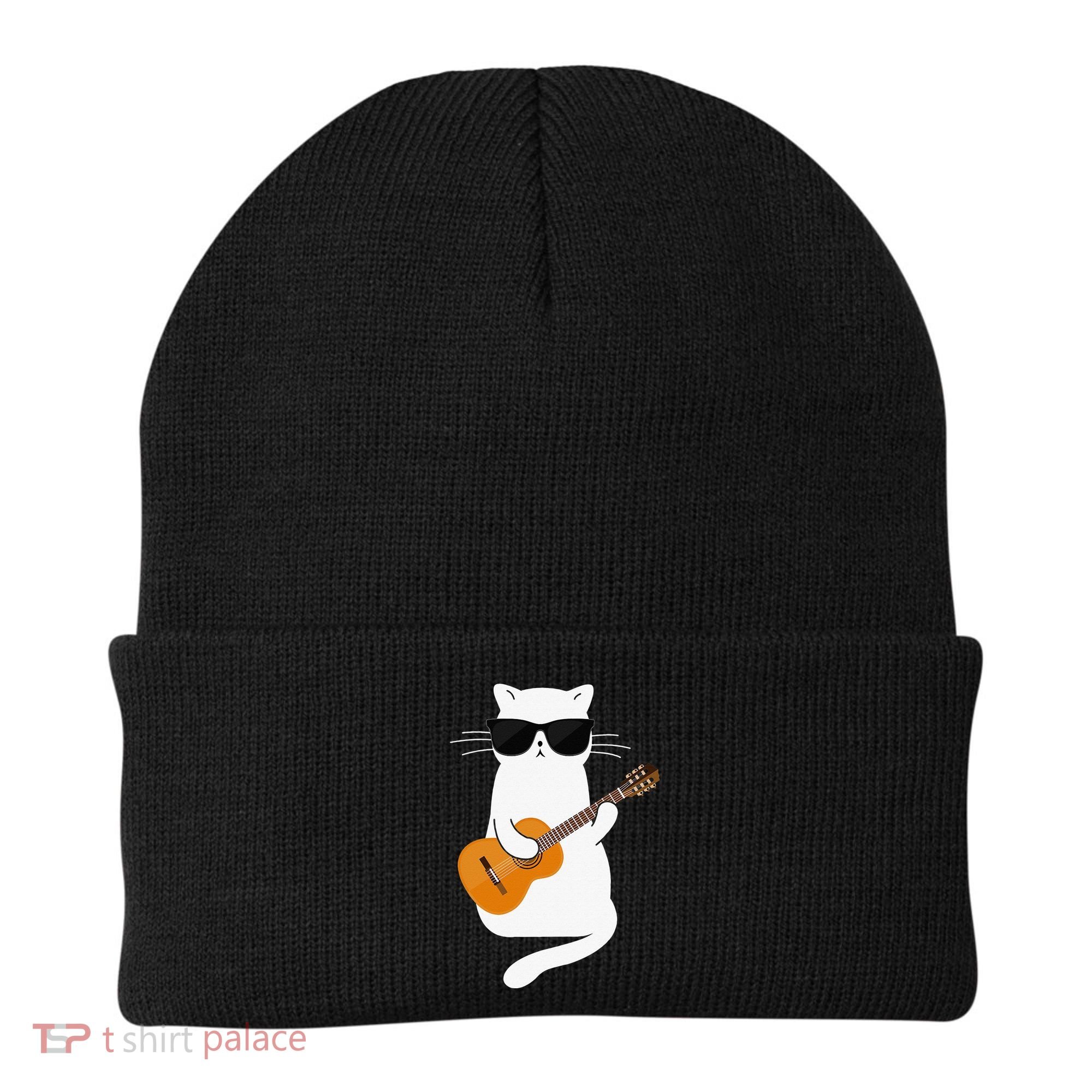 Funny Cat Wearing Sunglasses Playing Electric Guitar Beanie