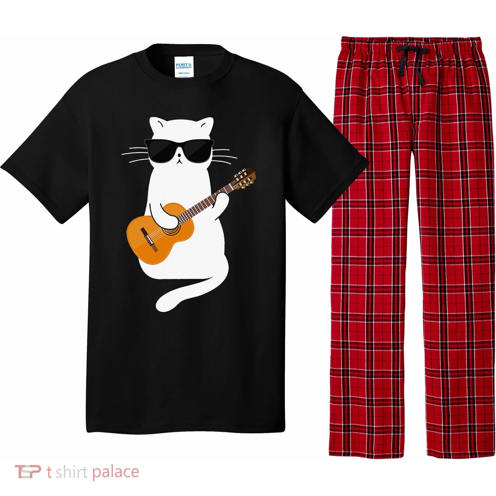 Funny Cat Wearing Sunglasses Playing Electric Guitar Pajama Set