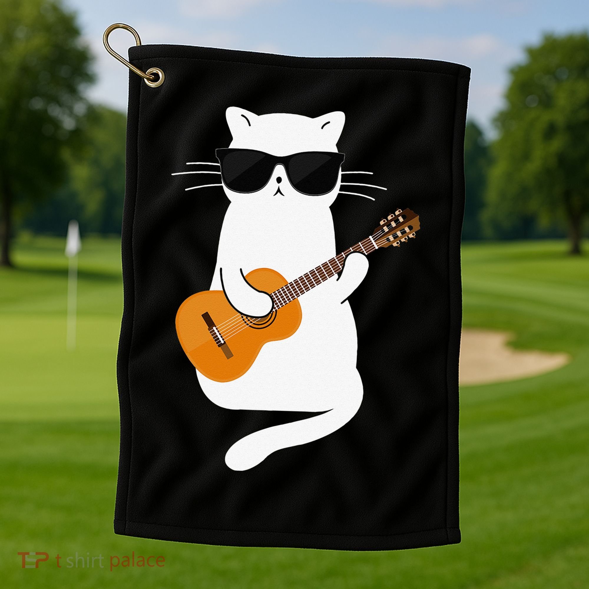 Funny Cat Wearing Sunglasses Playing Electric Guitar Golf Towel
