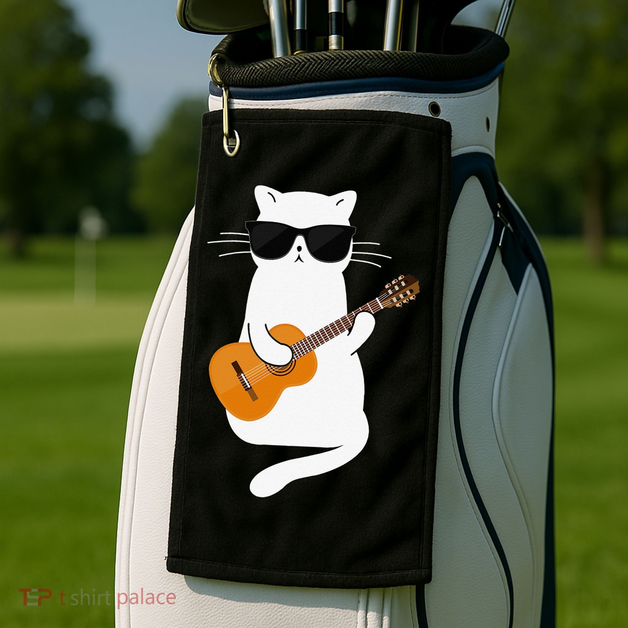 Funny Cat Wearing Sunglasses Playing Electric Guitar Golf Towel