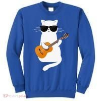 Funny Cat Wearing Sunglasses Playing Electric Guitar Sweatshirt thumb 0