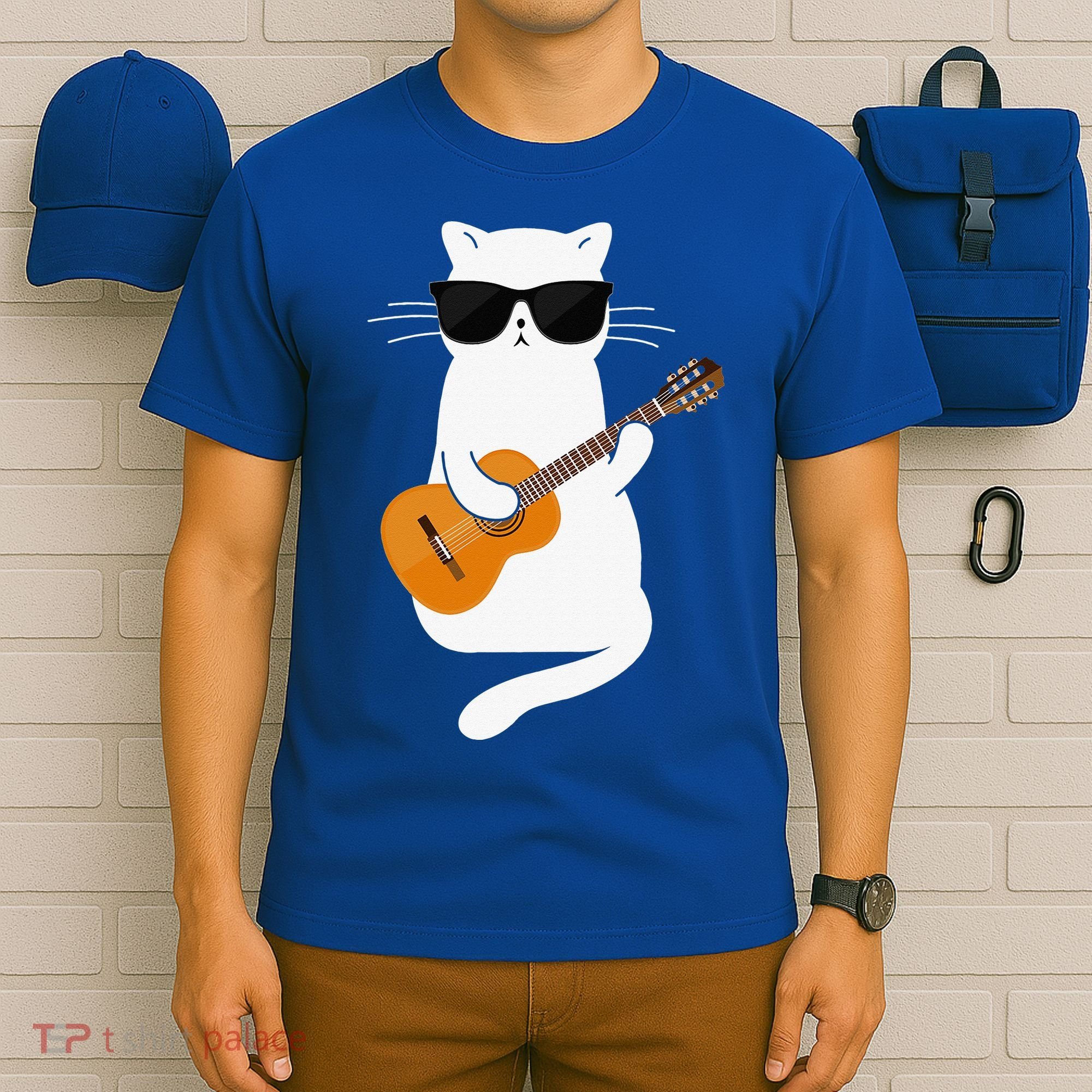 Funny Cat Wearing Sunglasses Playing Electric Guitar T-Shirt