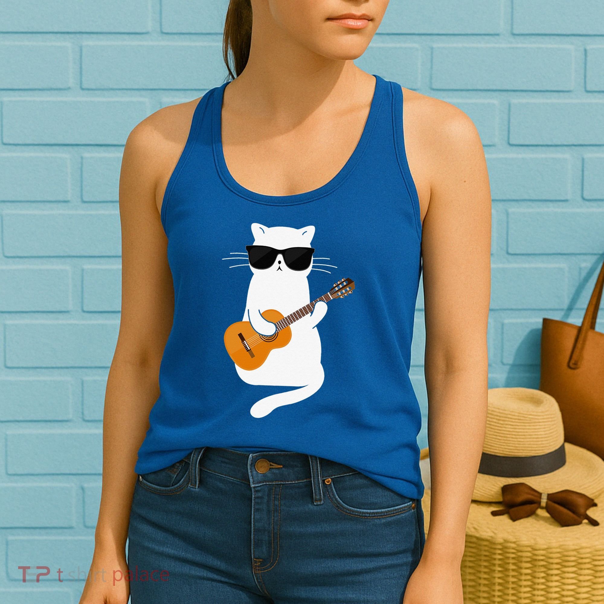 Funny Cat Wearing Sunglasses Playing Electric Guitar Women's Tank Top