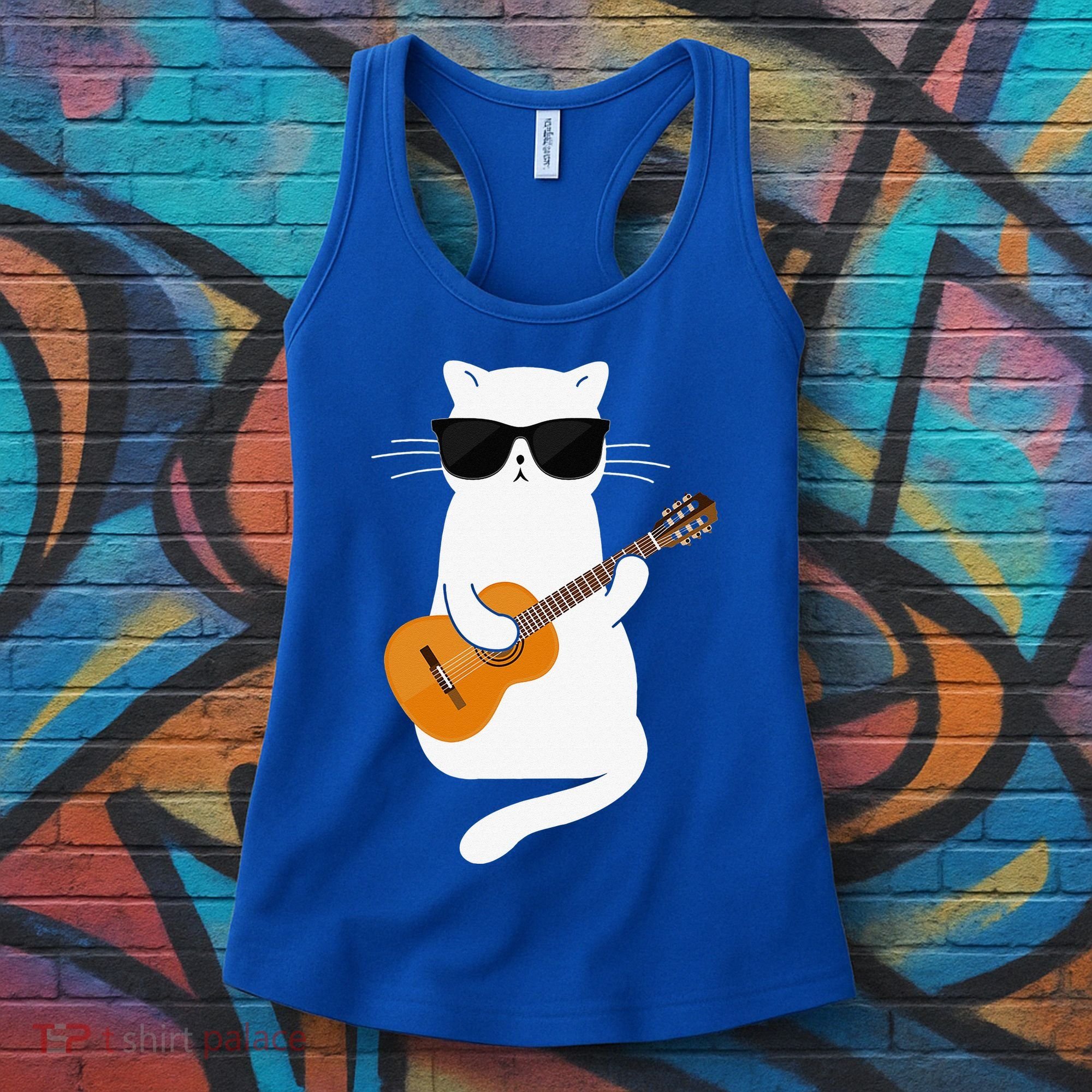 Funny Cat Wearing Sunglasses Playing Electric Guitar Women's Tank Top