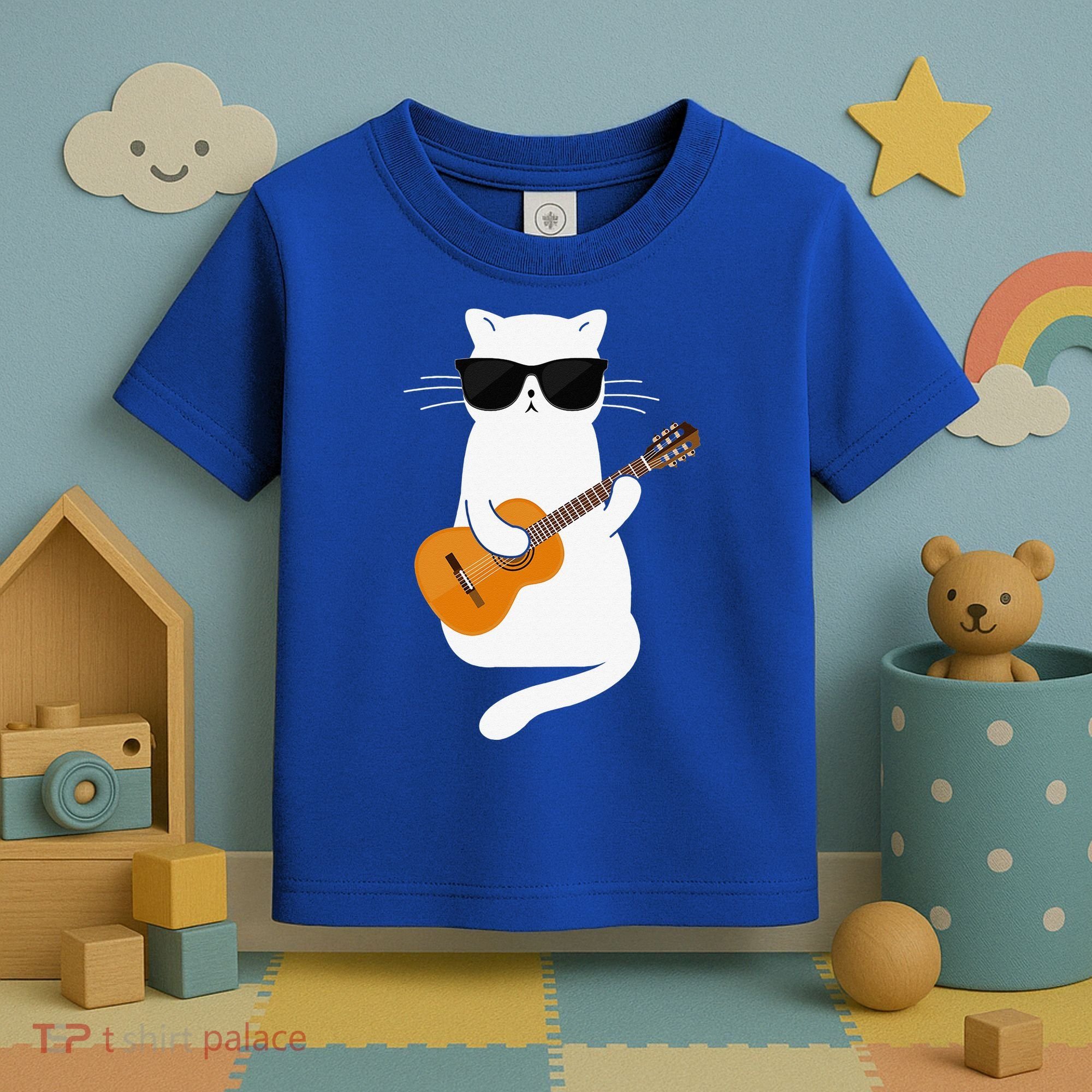 Funny Cat Wearing Sunglasses Playing Electric Guitar Toddler T-Shirt