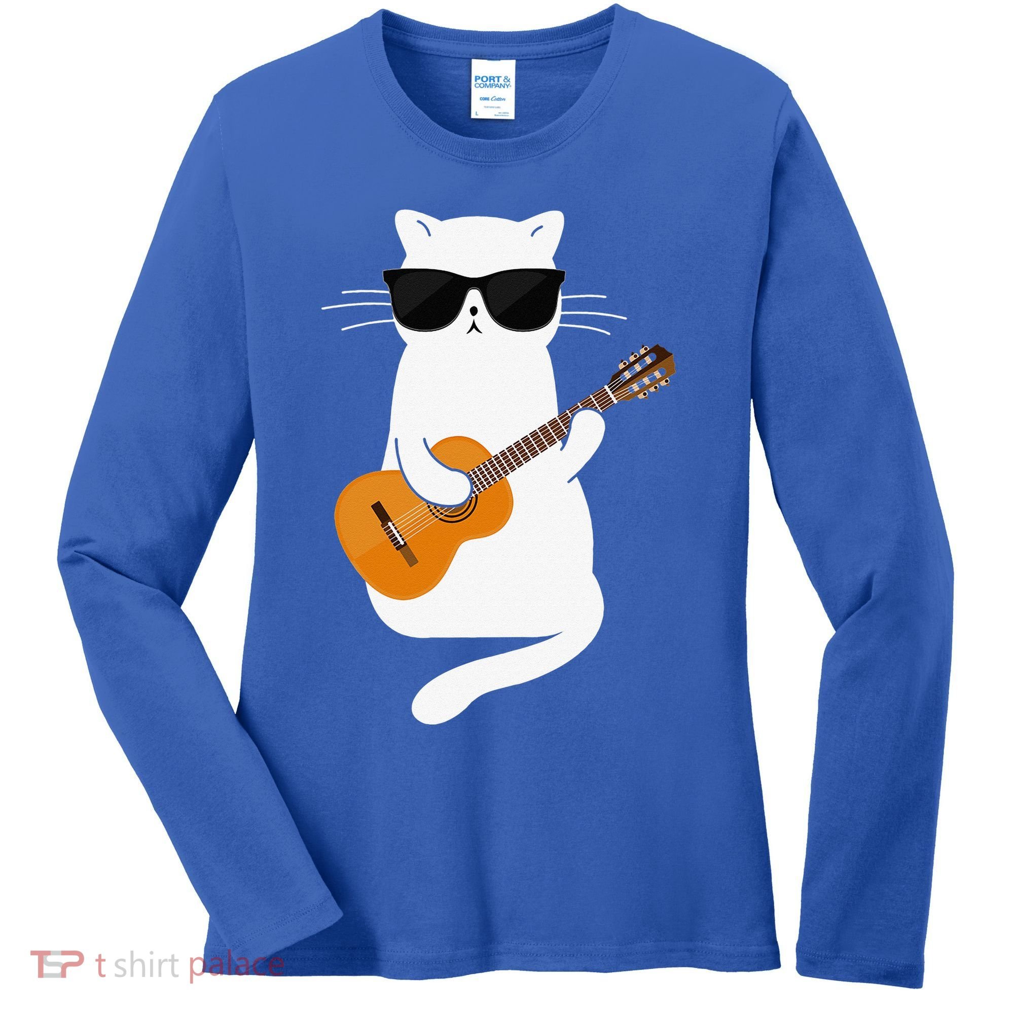 Funny Cat Wearing Sunglasses Playing Electric Guitar Women's Long Sleeve Shirt