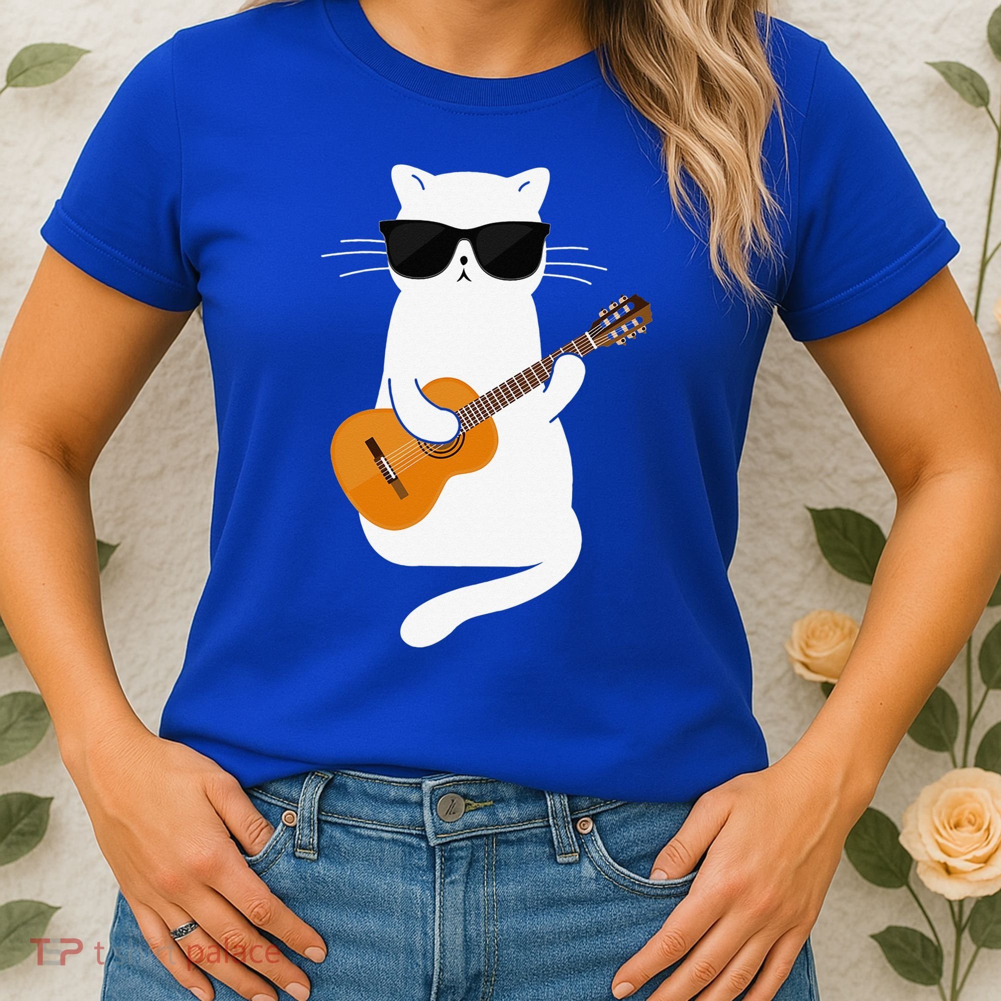 Funny Cat Wearing Sunglasses Playing Electric Guitar Women's T-Shirt