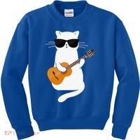 Funny Cat Wearing Sunglasses Playing Electric Guitar Kids Sweatshirt thumb 0