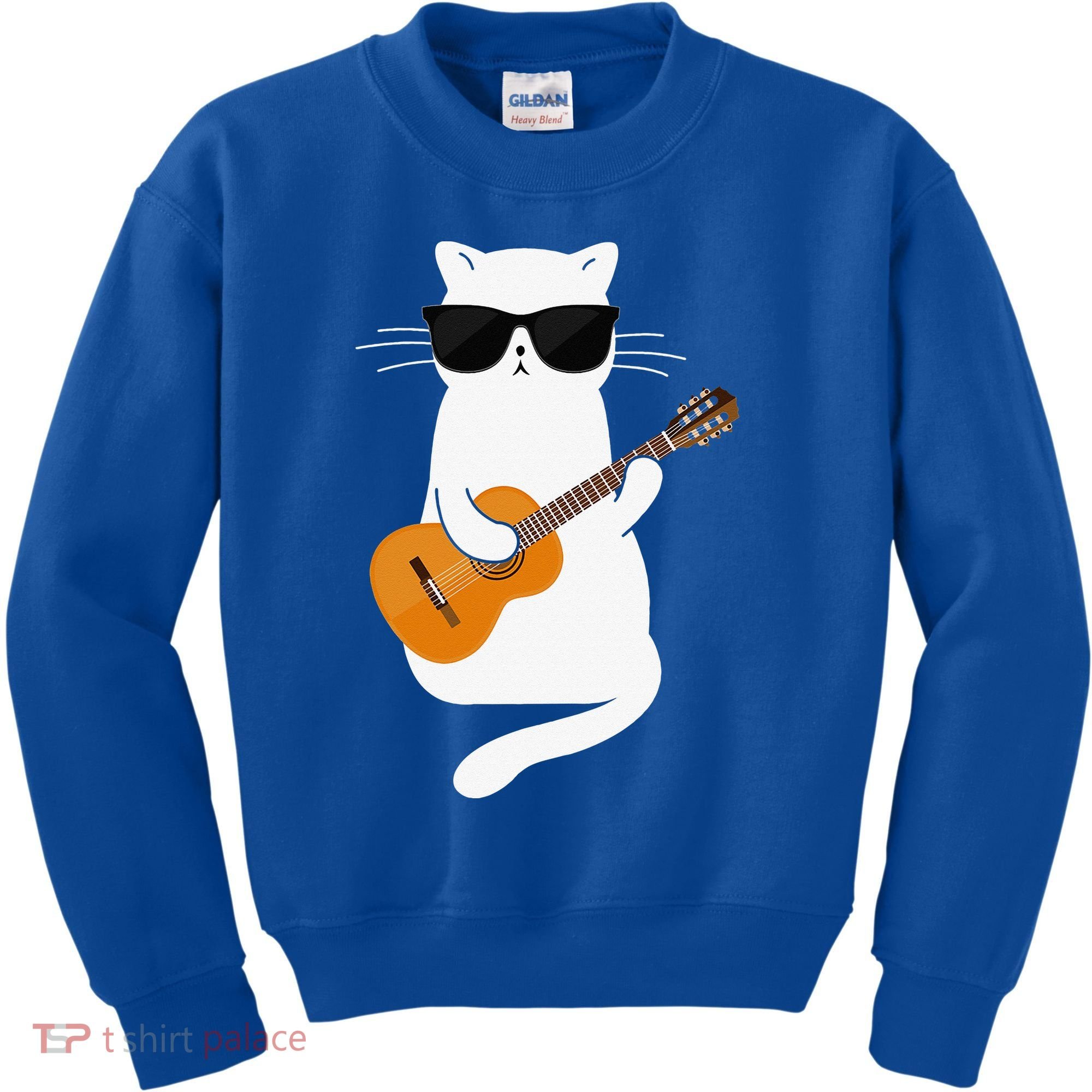 Funny Cat Wearing Sunglasses Playing Electric Guitar Kids Sweatshirt