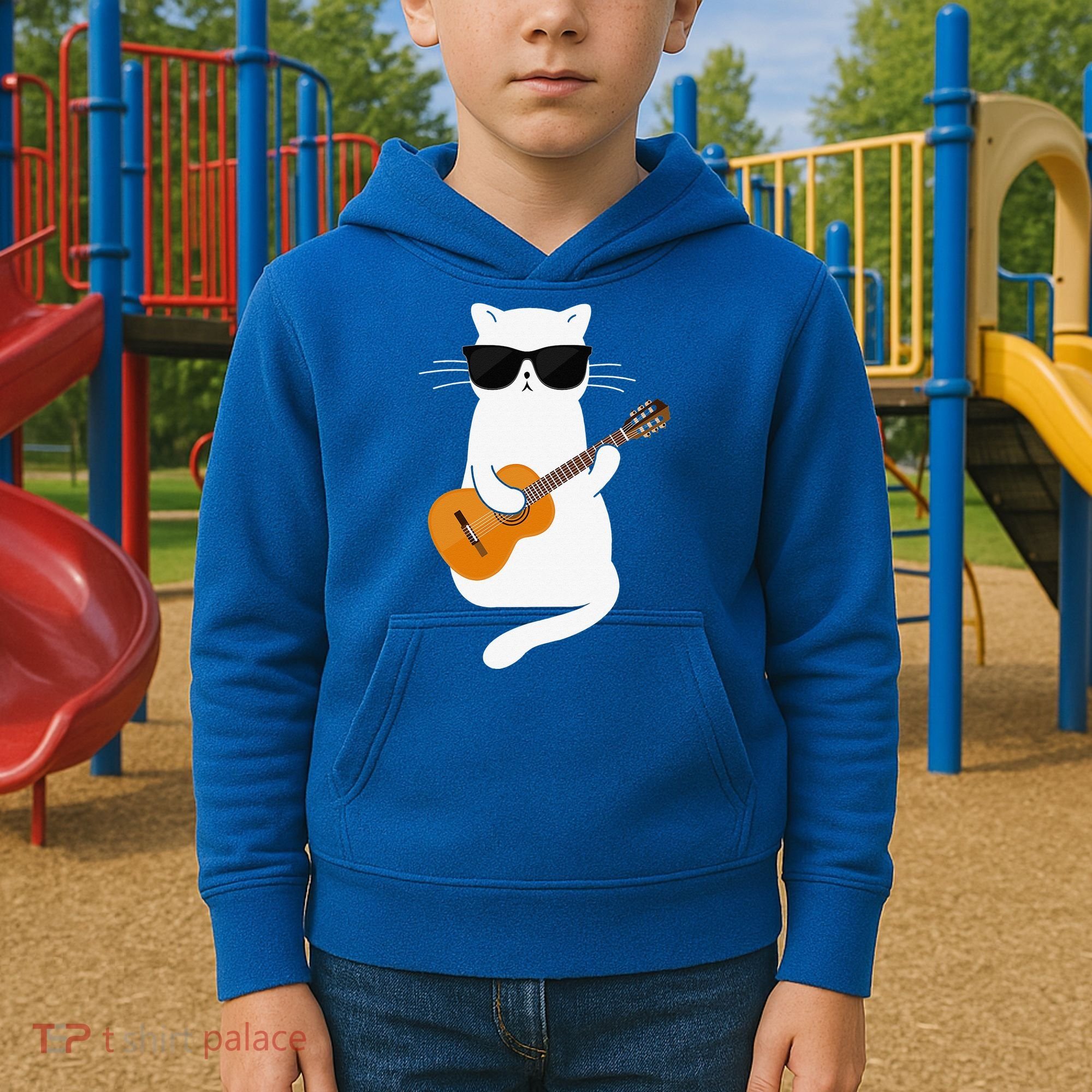Funny Cat Wearing Sunglasses Playing Electric Guitar Kids Hoodie