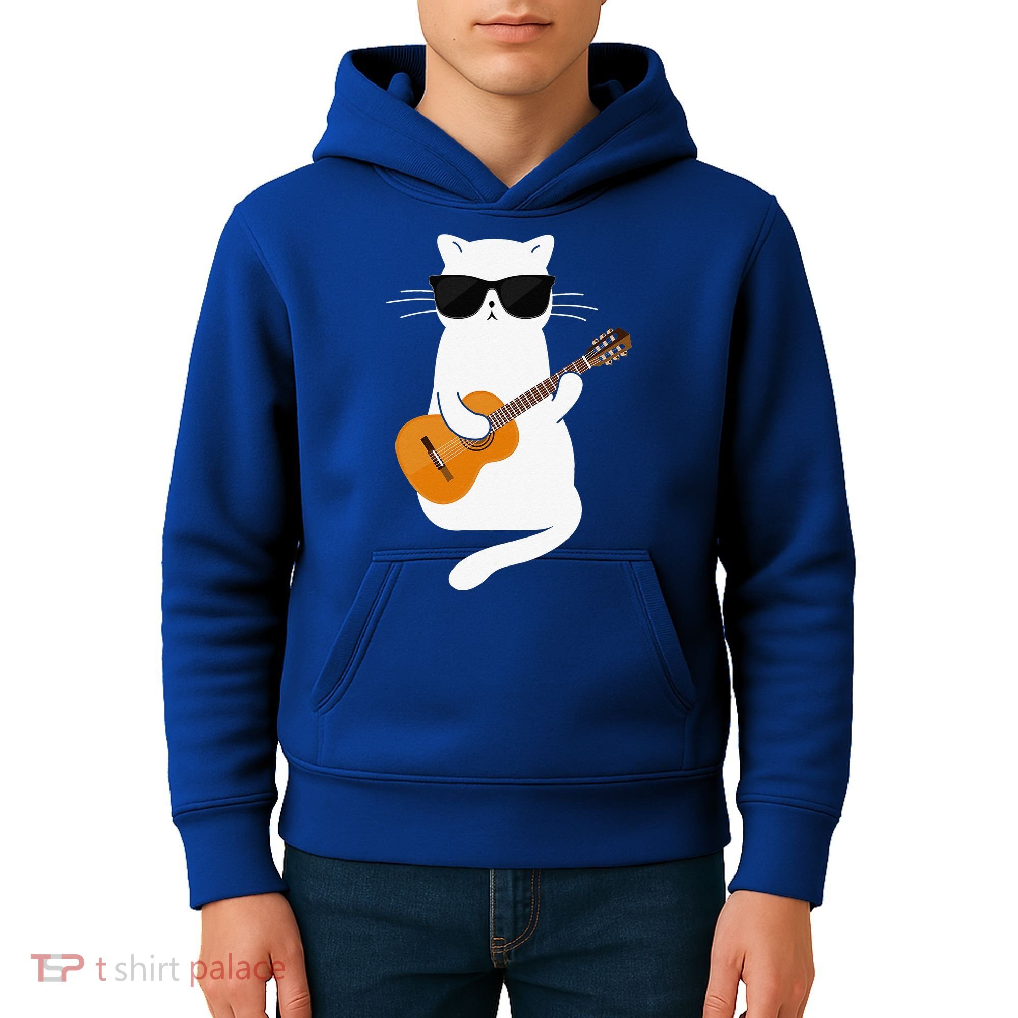 Funny Cat Wearing Sunglasses Playing Electric Guitar Kids Hoodie