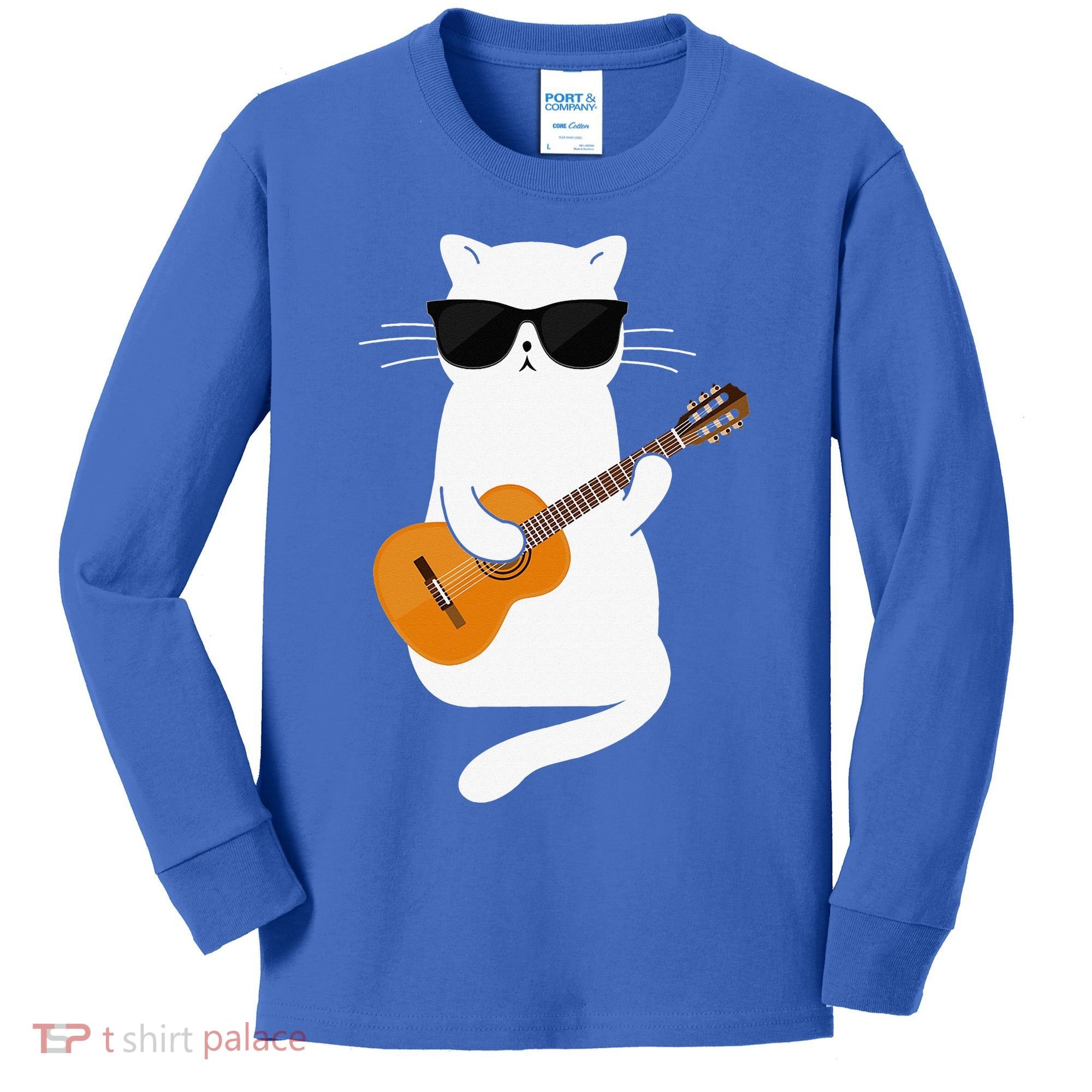 Funny Cat Wearing Sunglasses Playing Electric Guitar Kids Long Sleeve Shirt