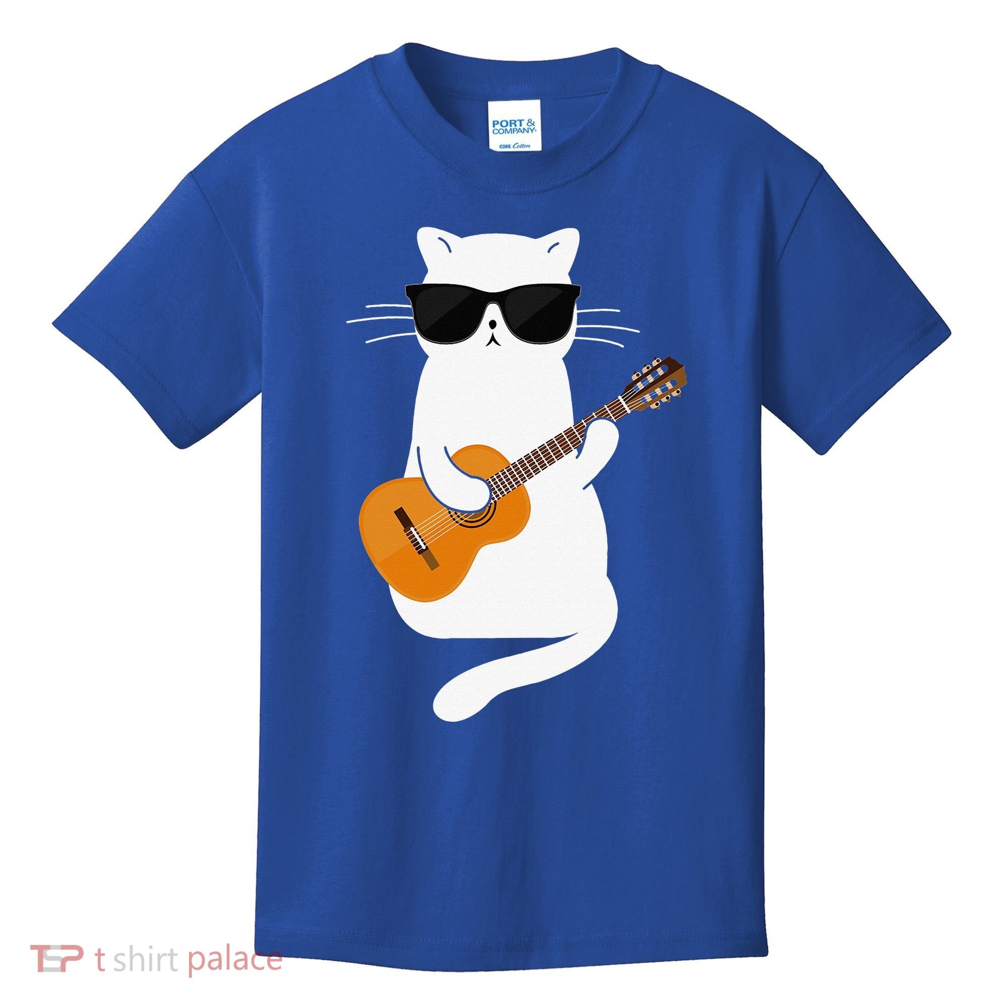Funny Cat Wearing Sunglasses Playing Electric Guitar Kids T-Shirt
