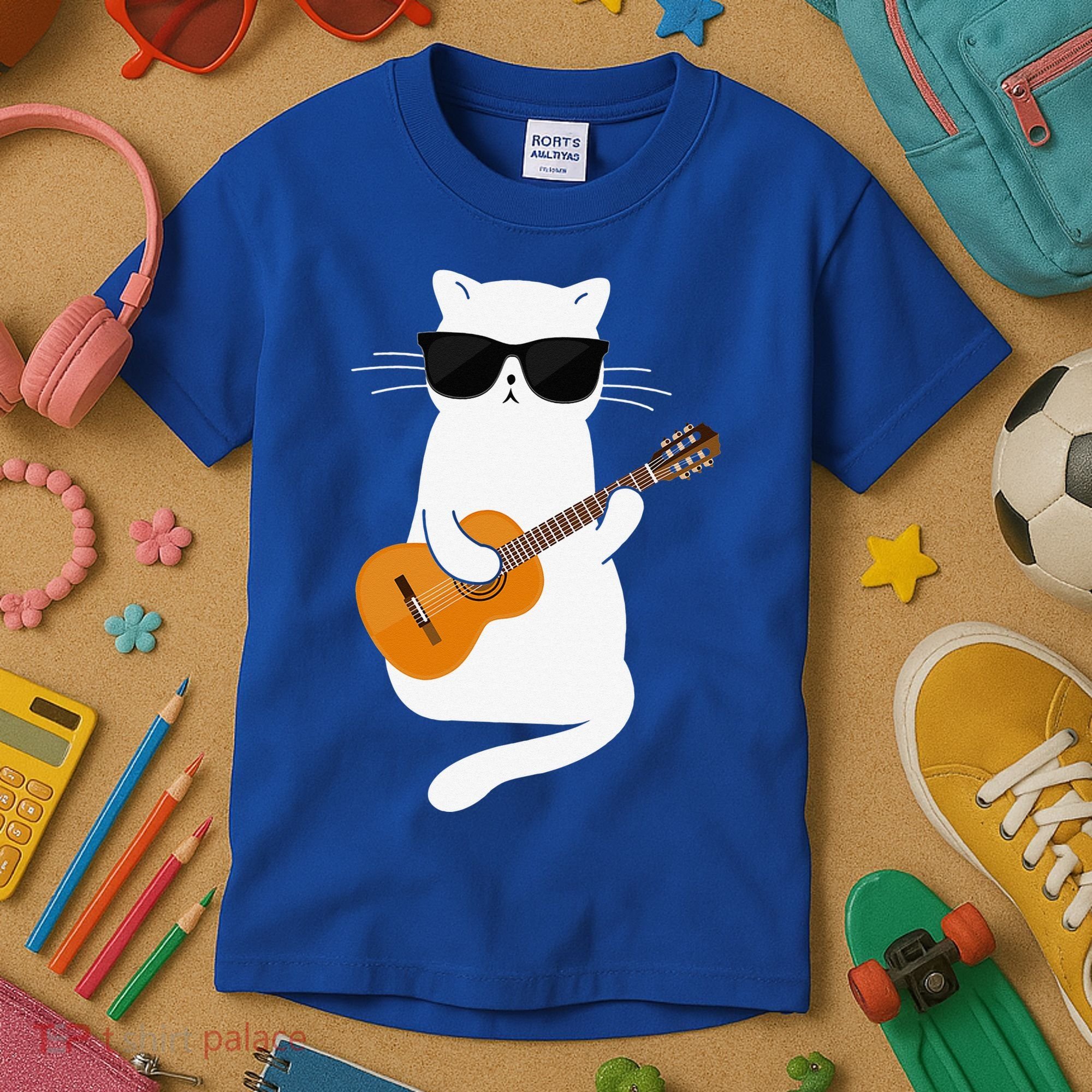 Funny Cat Wearing Sunglasses Playing Electric Guitar Kids T-Shirt