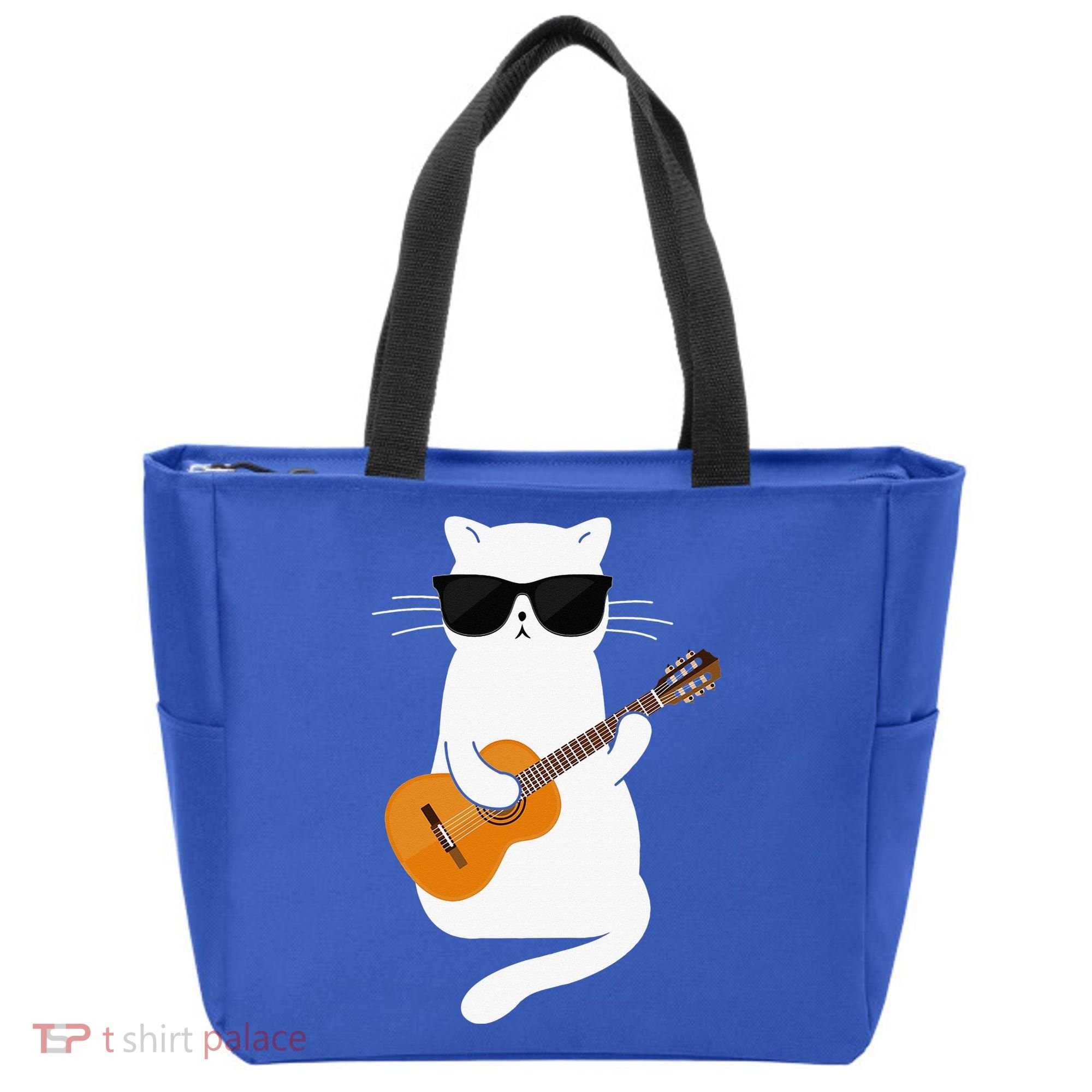 Funny Cat Wearing Sunglasses Playing Electric Guitar Tote Bag