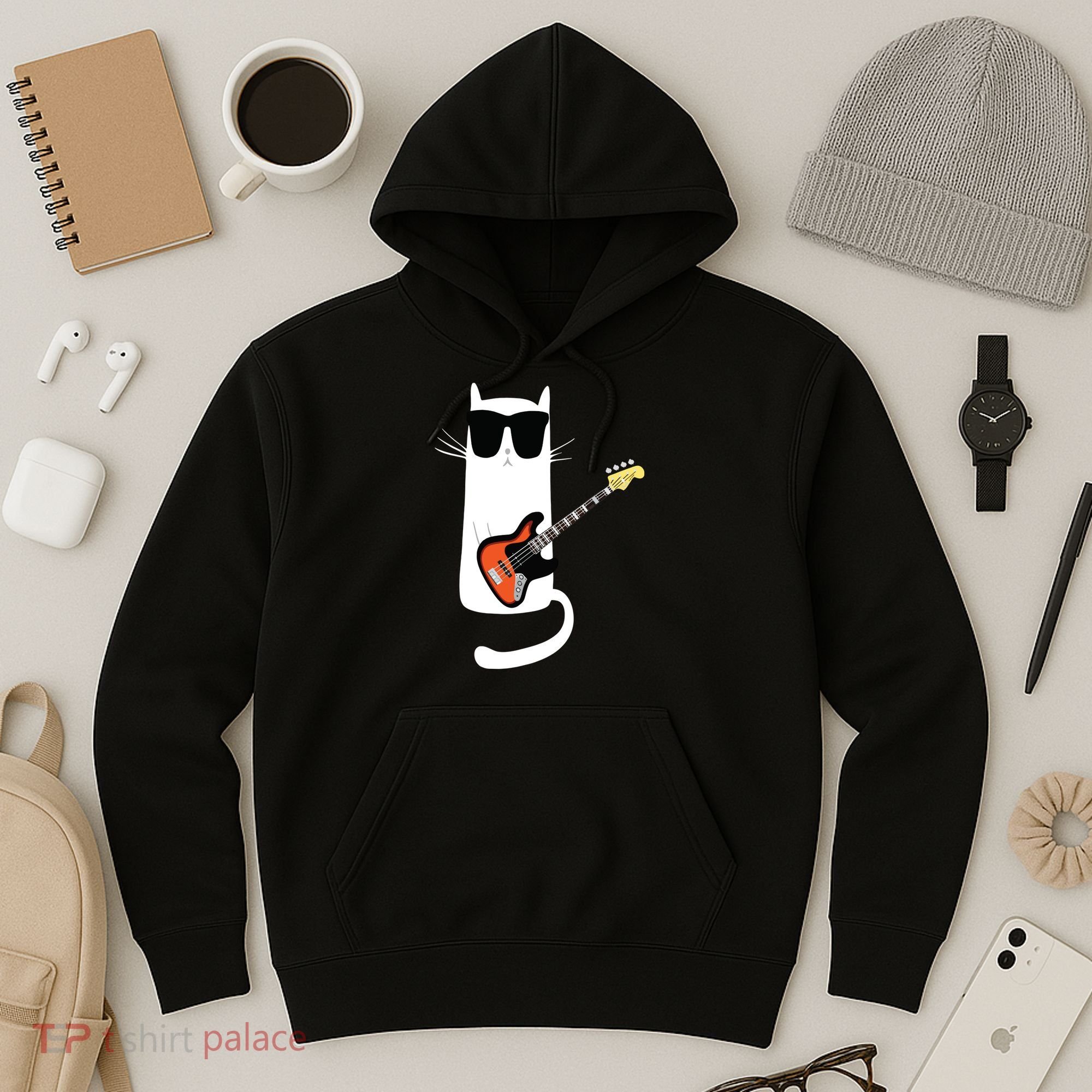 Funny Cat Wearing Sunglasses Playing Bass Guitar Hoodie