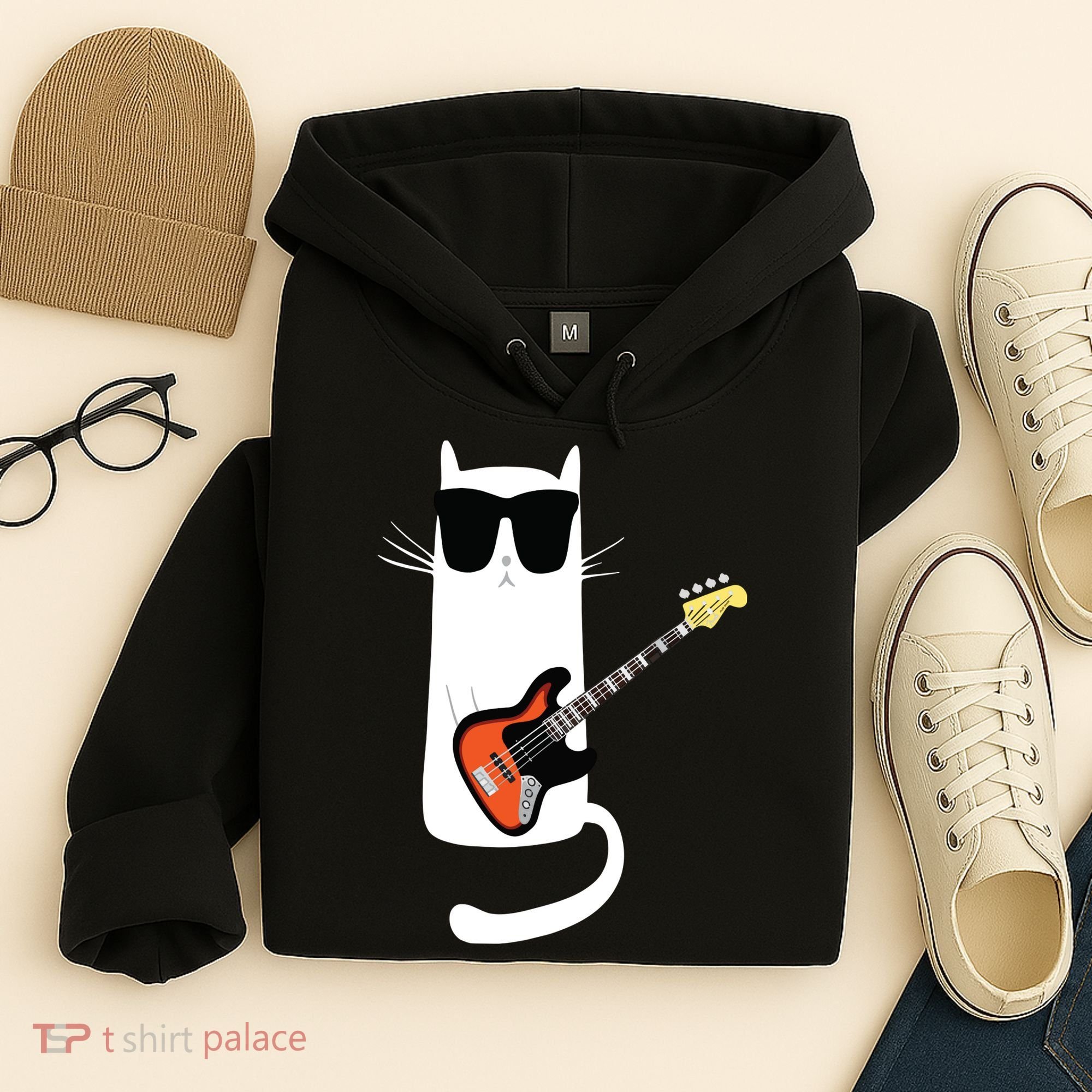 Funny Cat Wearing Sunglasses Playing Bass Guitar Hoodie