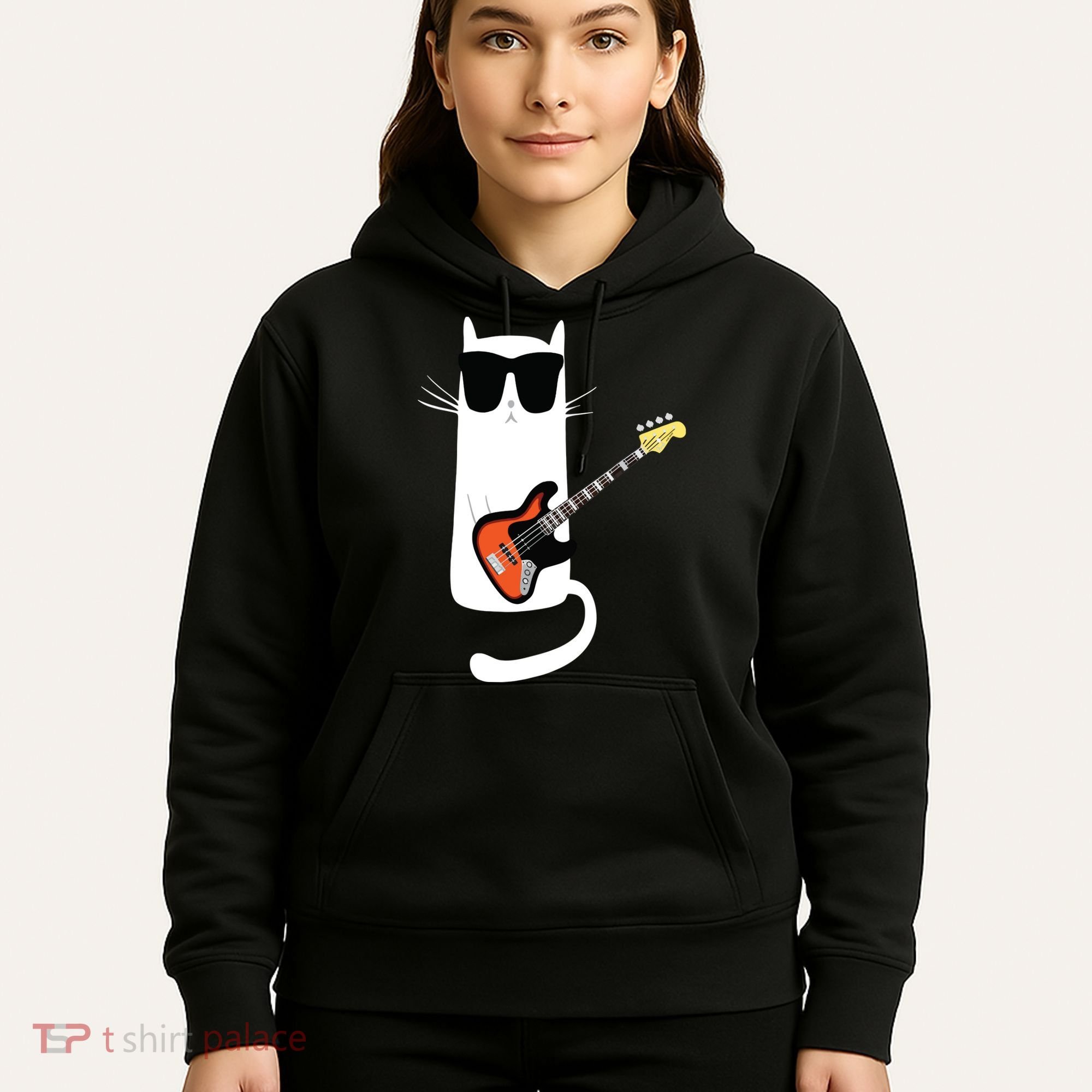 Funny Cat Wearing Sunglasses Playing Bass Guitar Hoodie