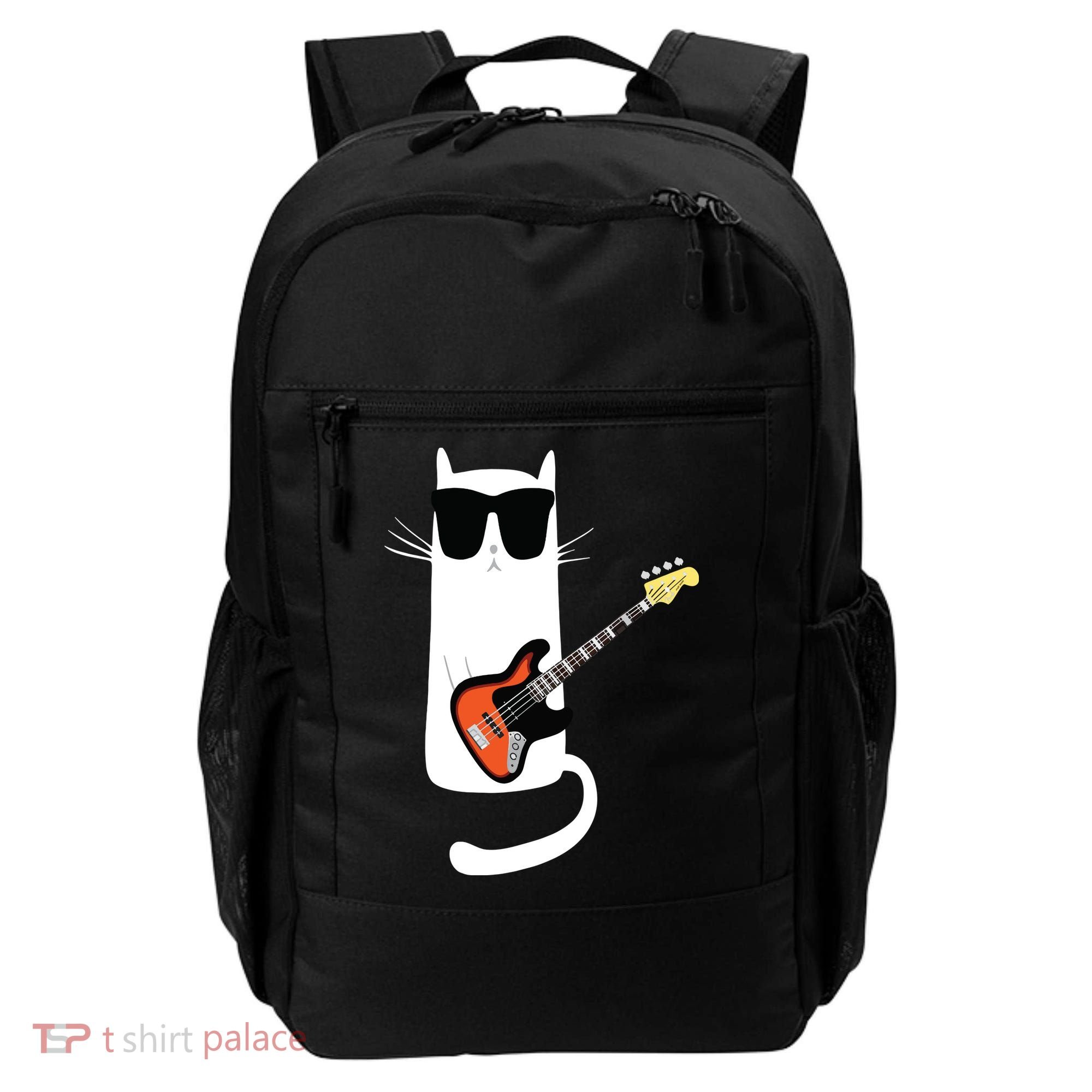 Funny Cat Wearing Sunglasses Playing Bass Guitar Backpack