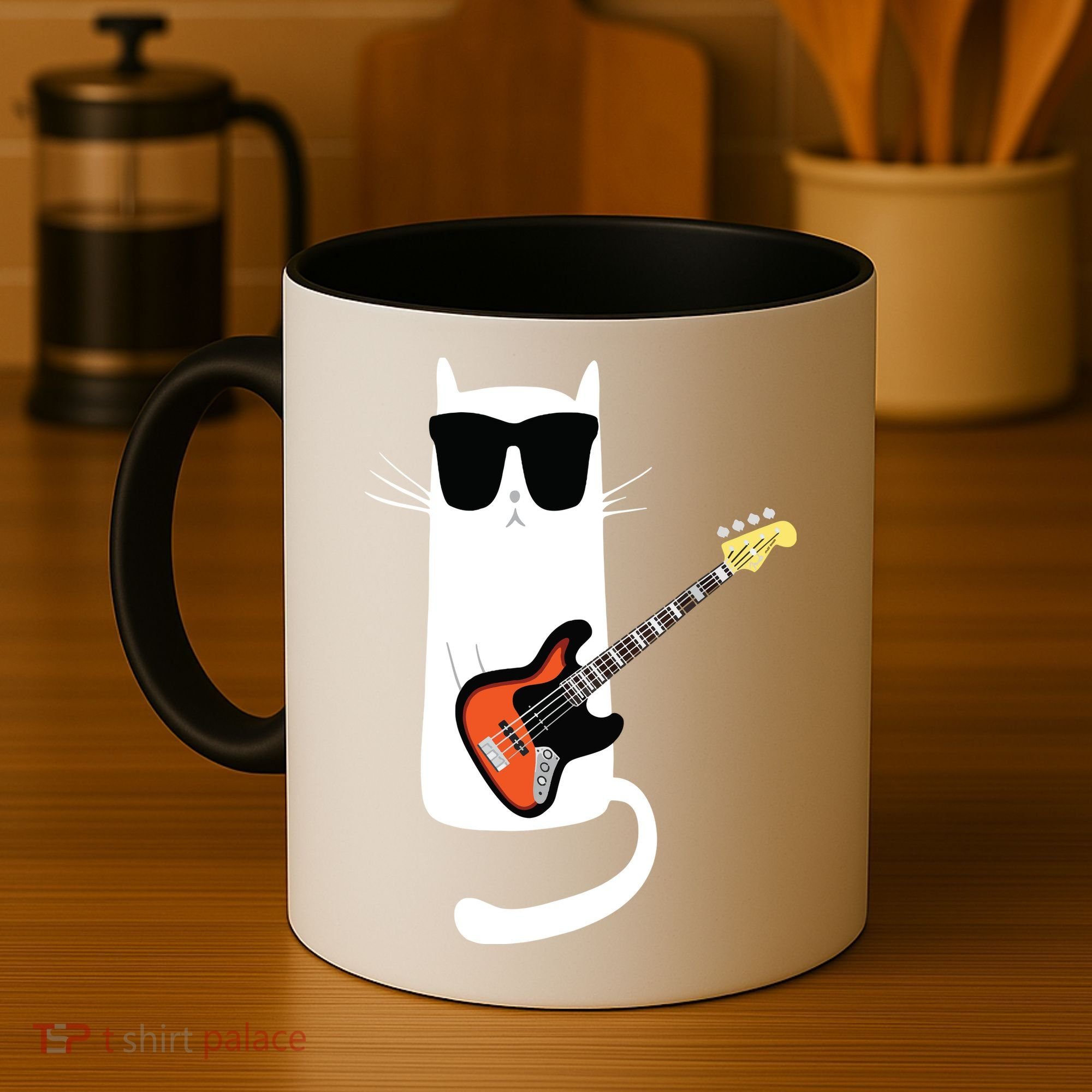 Funny Cat Wearing Sunglasses Playing Bass Guitar Coffee Mug