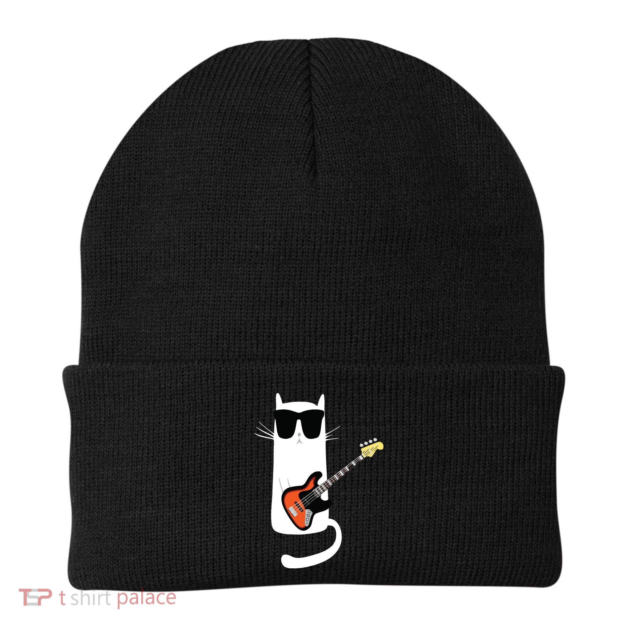 Funny Cat Wearing Sunglasses Playing Bass Guitar Beanie