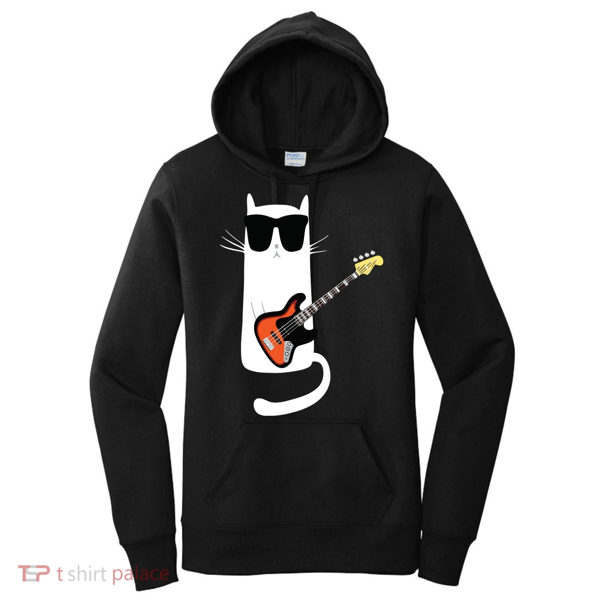 Funny Cat Wearing Sunglasses Playing Bass Guitar Women's Hoodie