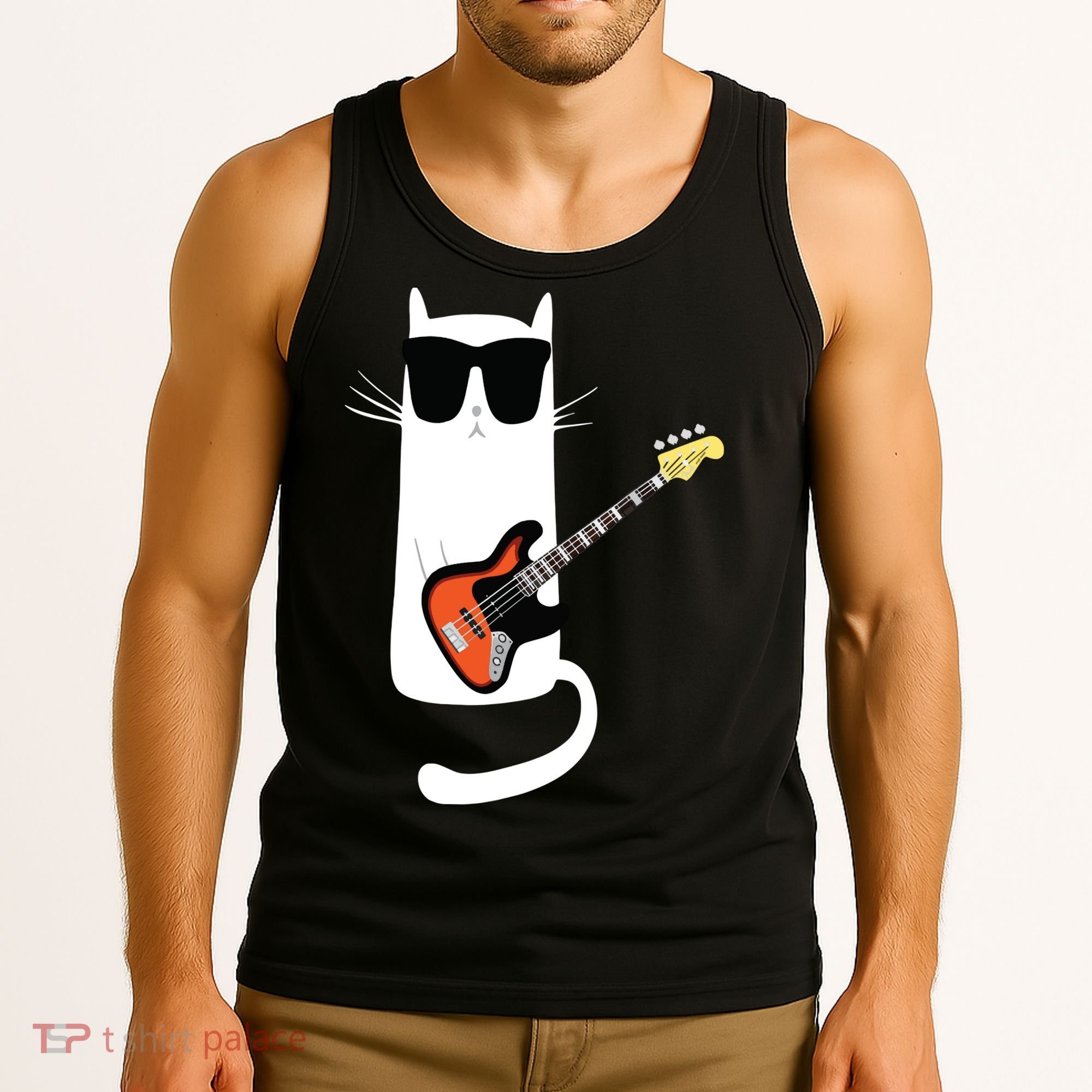 Funny Cat Wearing Sunglasses Playing Bass Guitar Tank Top
