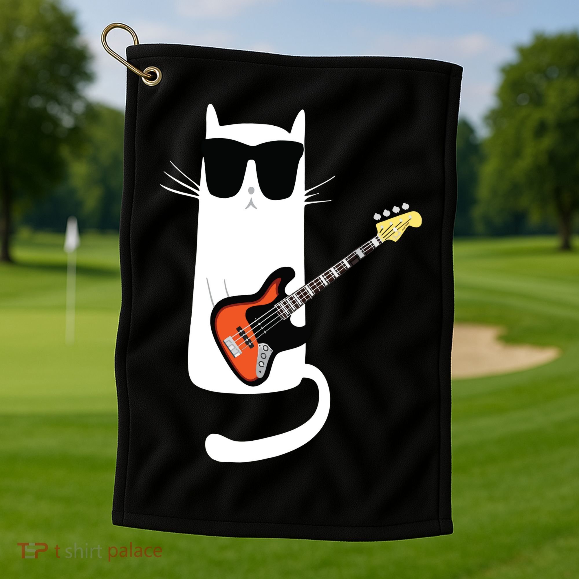 Funny Cat Wearing Sunglasses Playing Bass Guitar Golf Towel