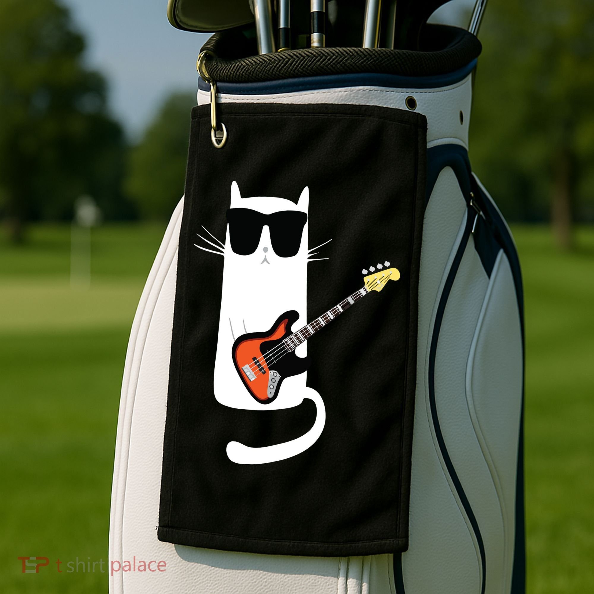 Funny Cat Wearing Sunglasses Playing Bass Guitar Golf Towel
